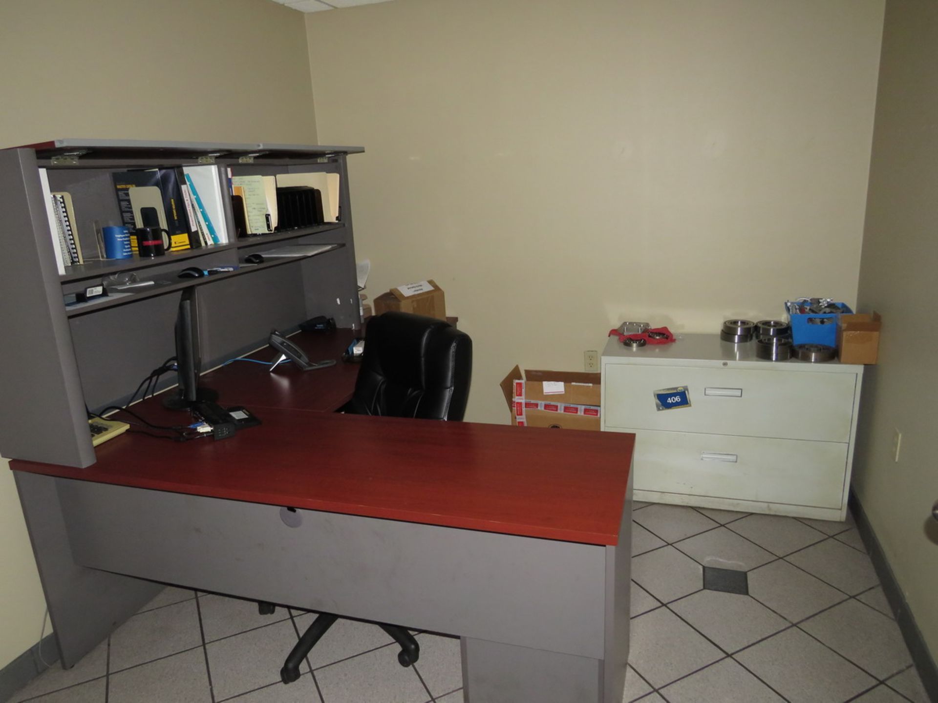 Contents of Office to Include: L-Shaped Desk, 2-Door Metal Horizontal Filing Cabinet, Assorted