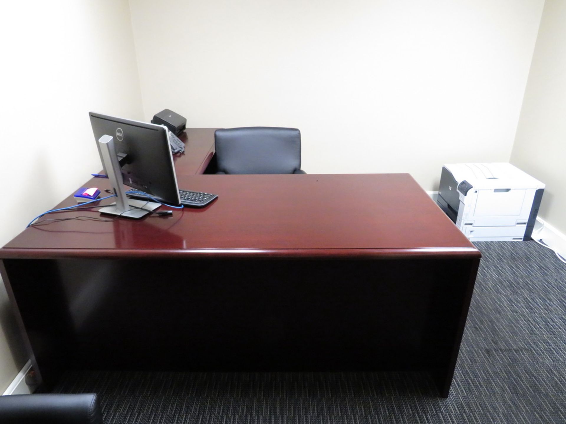Contents of Office to Include: L-Shaped Desk, Book Shelf, Wooden 2-Door Horizontal Filing Cabinet (
