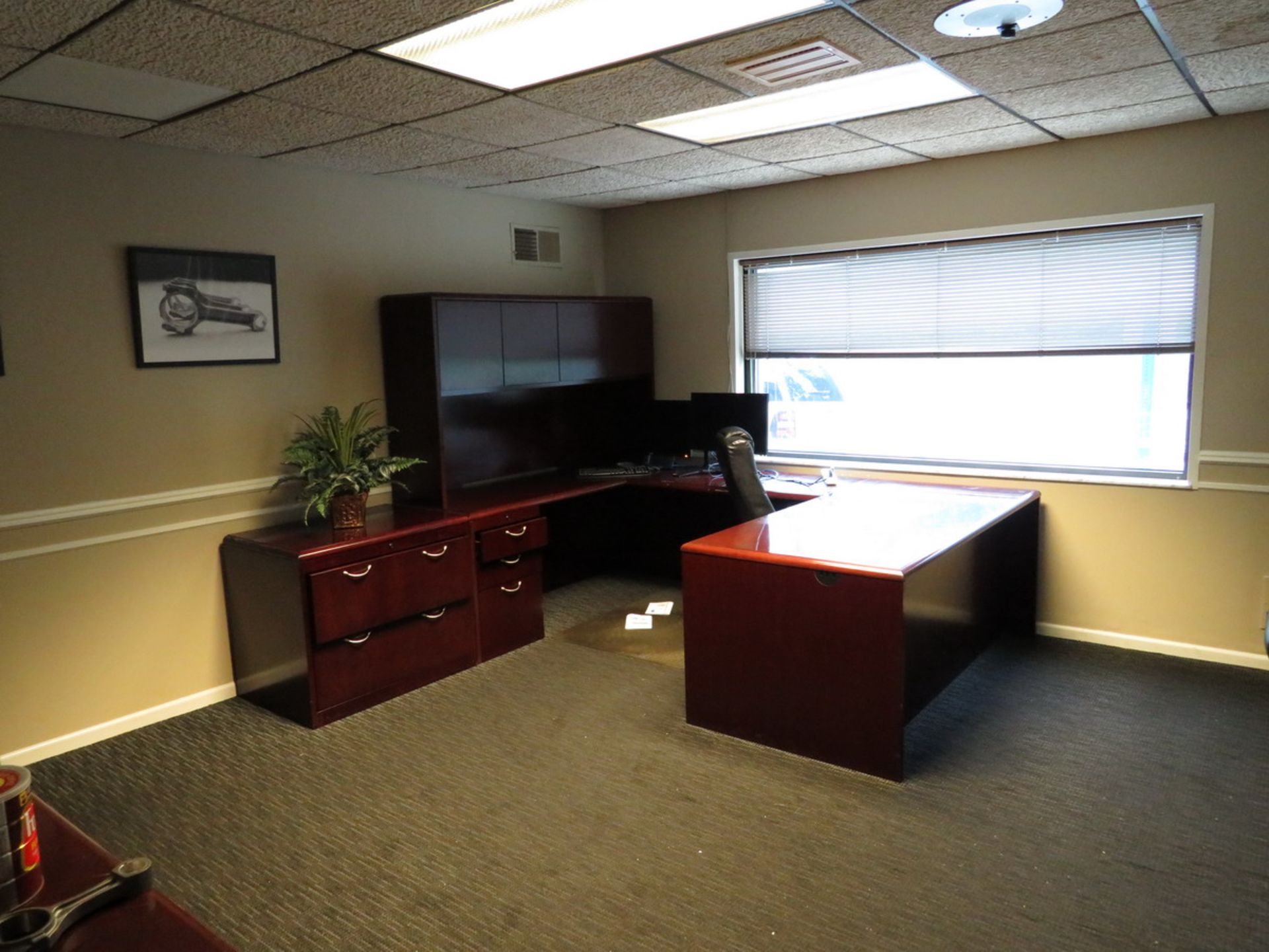 Contents of Office to Include: U-Shaped Wooden Desk, (2) Wood Hutches, Assorted Chairs (Plant #1)