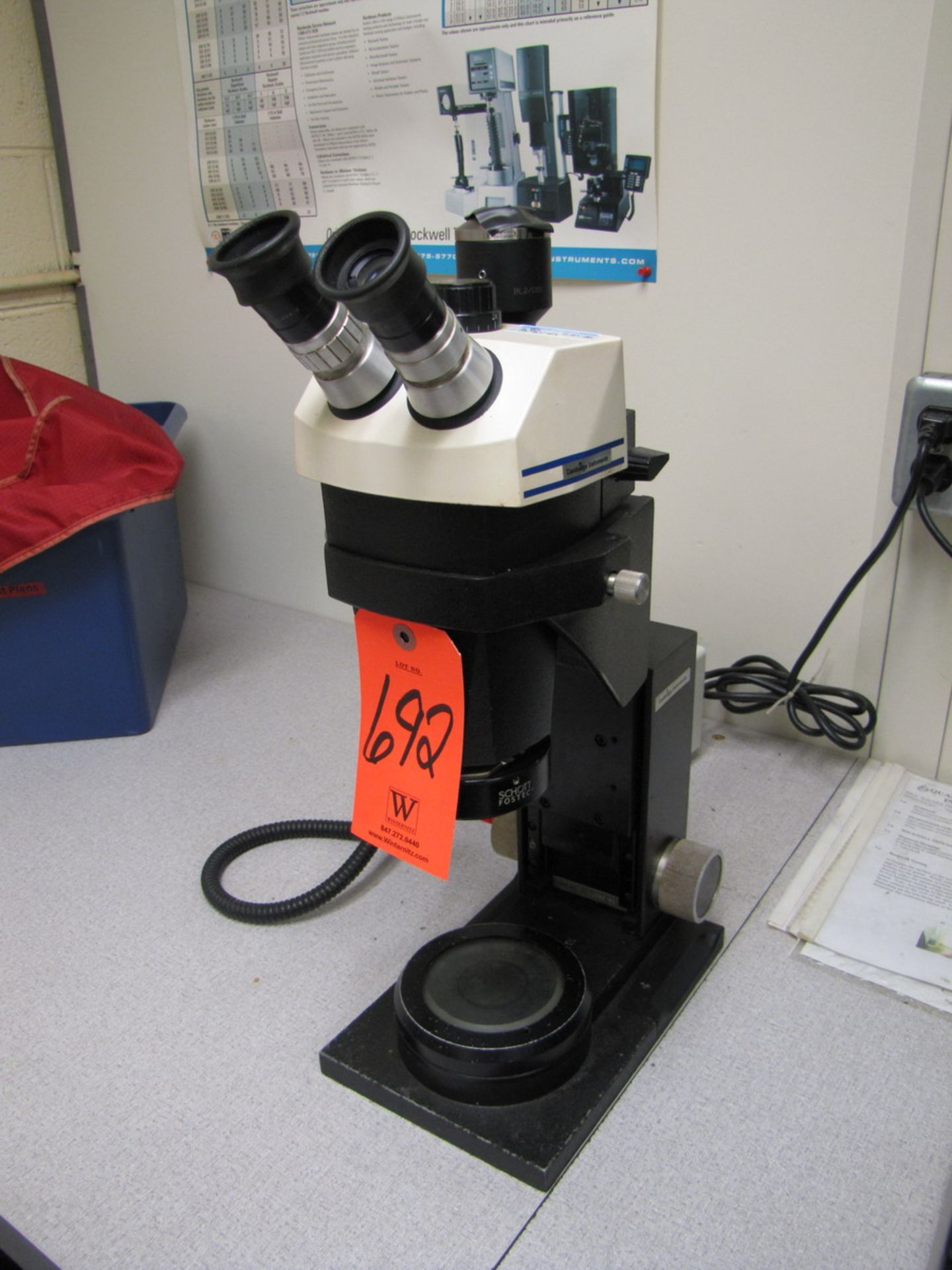 Cambridge Microscope, with (2) Bosch 10X WF Stereo Eyepieces, Schott Mdl. Ace I Light Source (