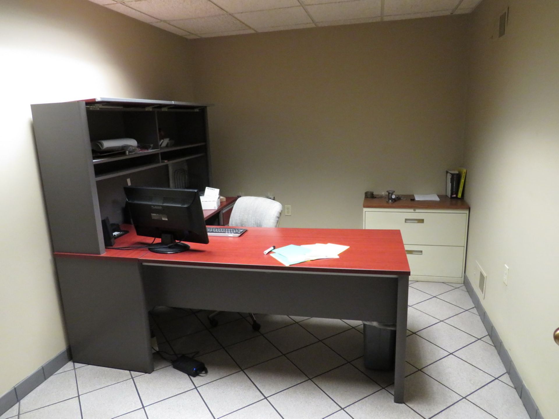 Contents of Office to Include: L-Shaped Desk, 2-Door Metal Horizontal Filing Cabinet with Wood