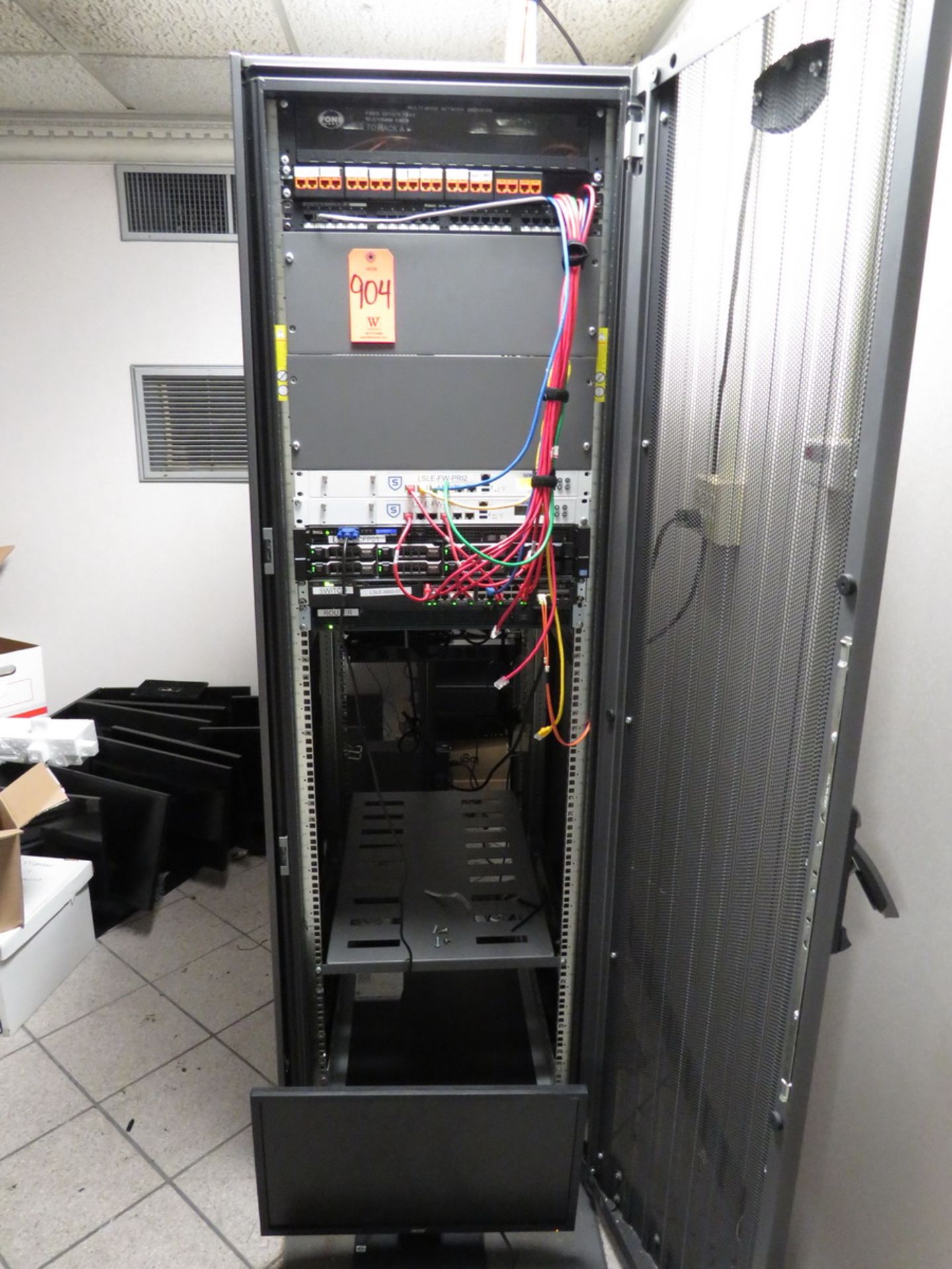 Server Rack with Contents to Include: Dell Poweredge R520 Server, Cisco Catalyst 3650 24-Port