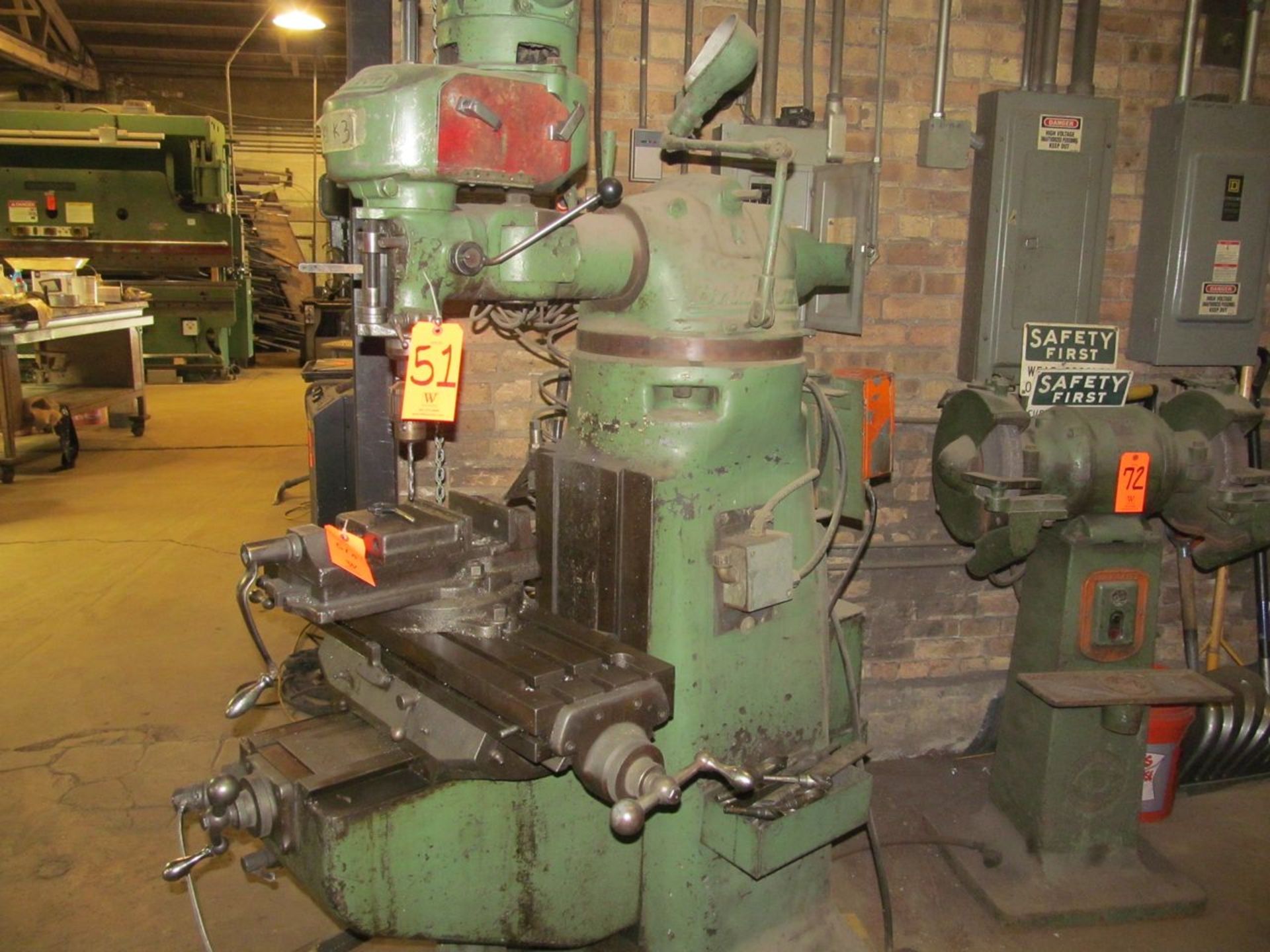 Bridgeport 1/2-HP Vertical Milling Machine, S/N: 7455; with 9 in. x 32 in. T-Slot Production Table