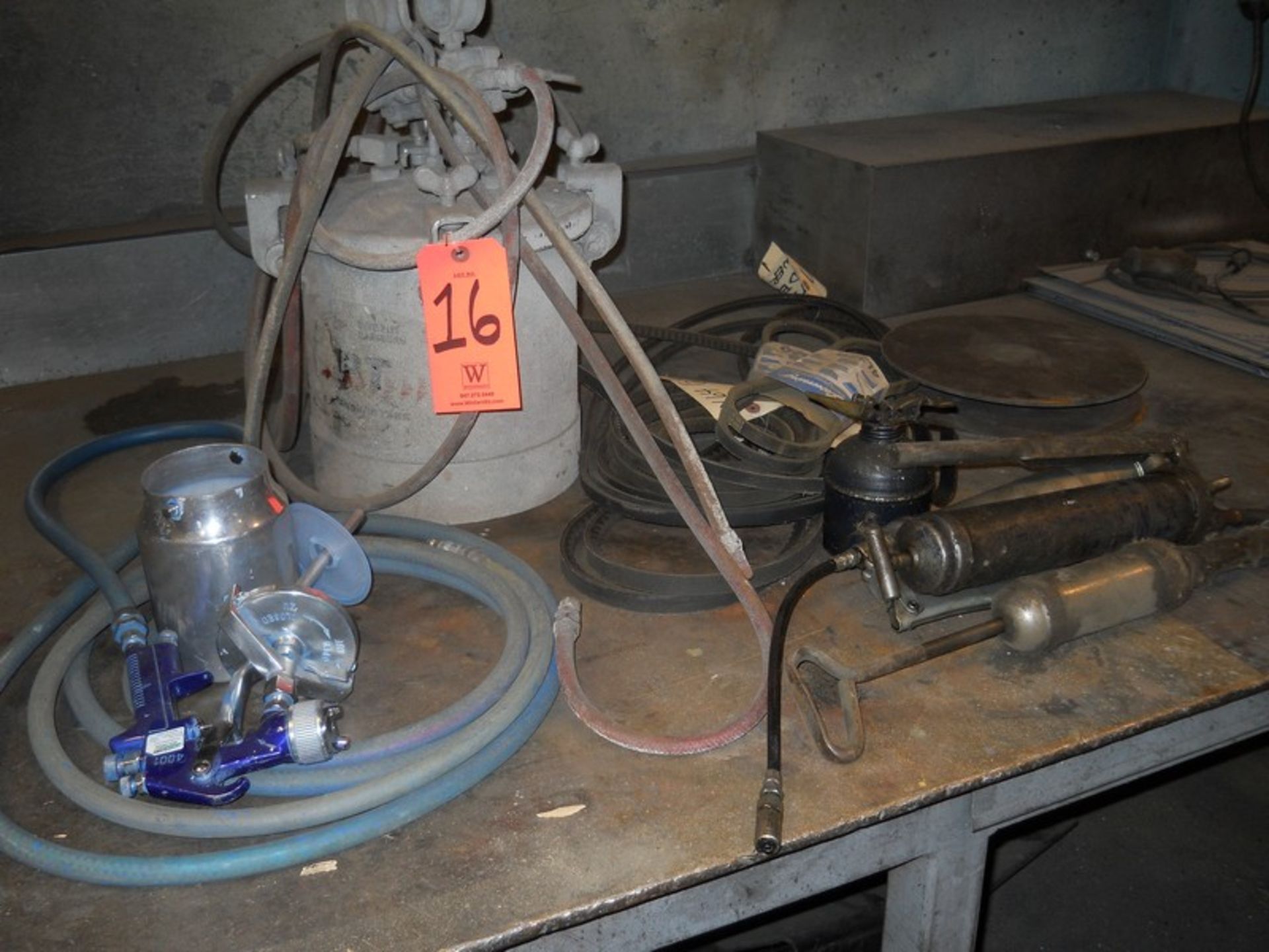 Lot - Paint Pot; with Agitator, Belts, Grease Guns