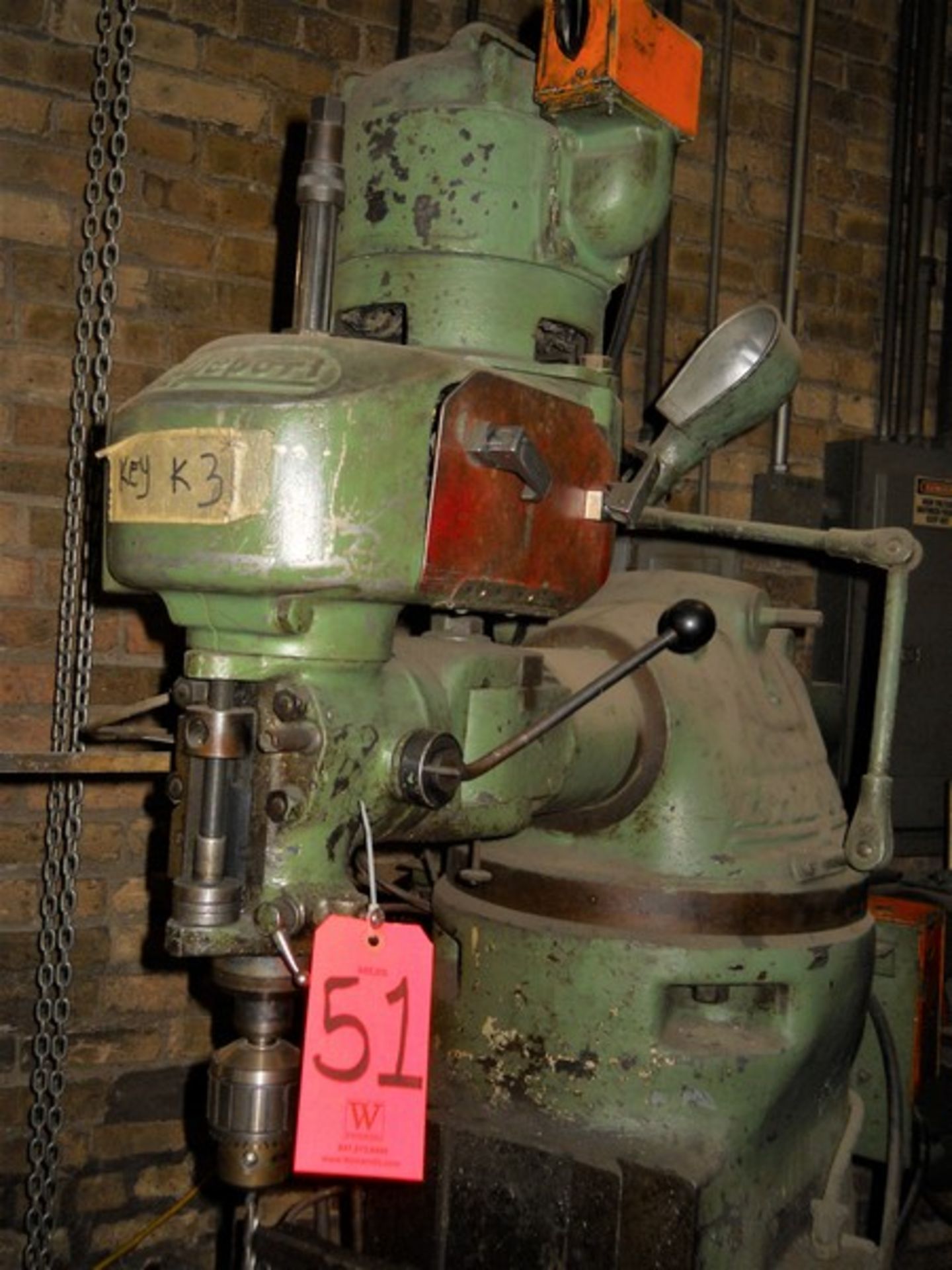 Bridgeport 1/2-HP Vertical Milling Machine, S/N: 7455; with 9 in. x 32 in. T-Slot Production Table - Image 6 of 9