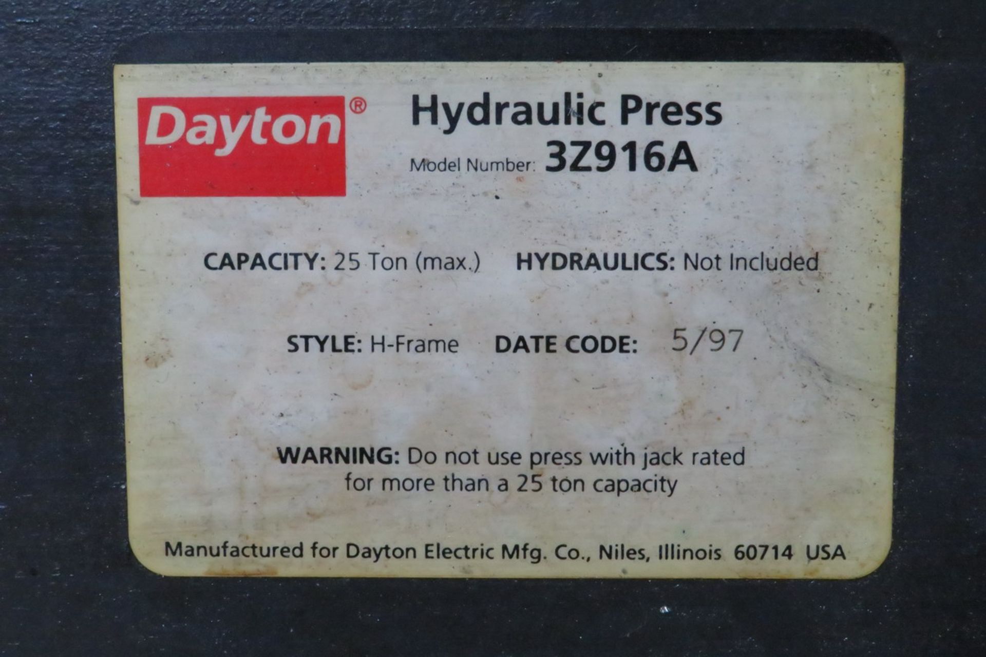 Dayton Model 3Z916A (1997), 25 Ton Adjustable H Frame Hydraulic Press - Image 3 of 3