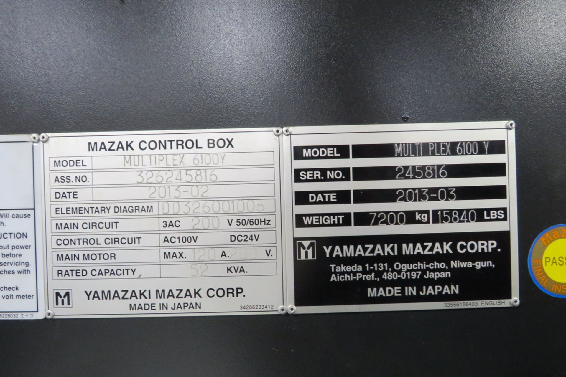 Mazak Model Multiplex 6100Y (S/N: 245816) (2013), Multi-Axis Dual Spindle Turning Center, 6,000 RPM, - Image 11 of 11