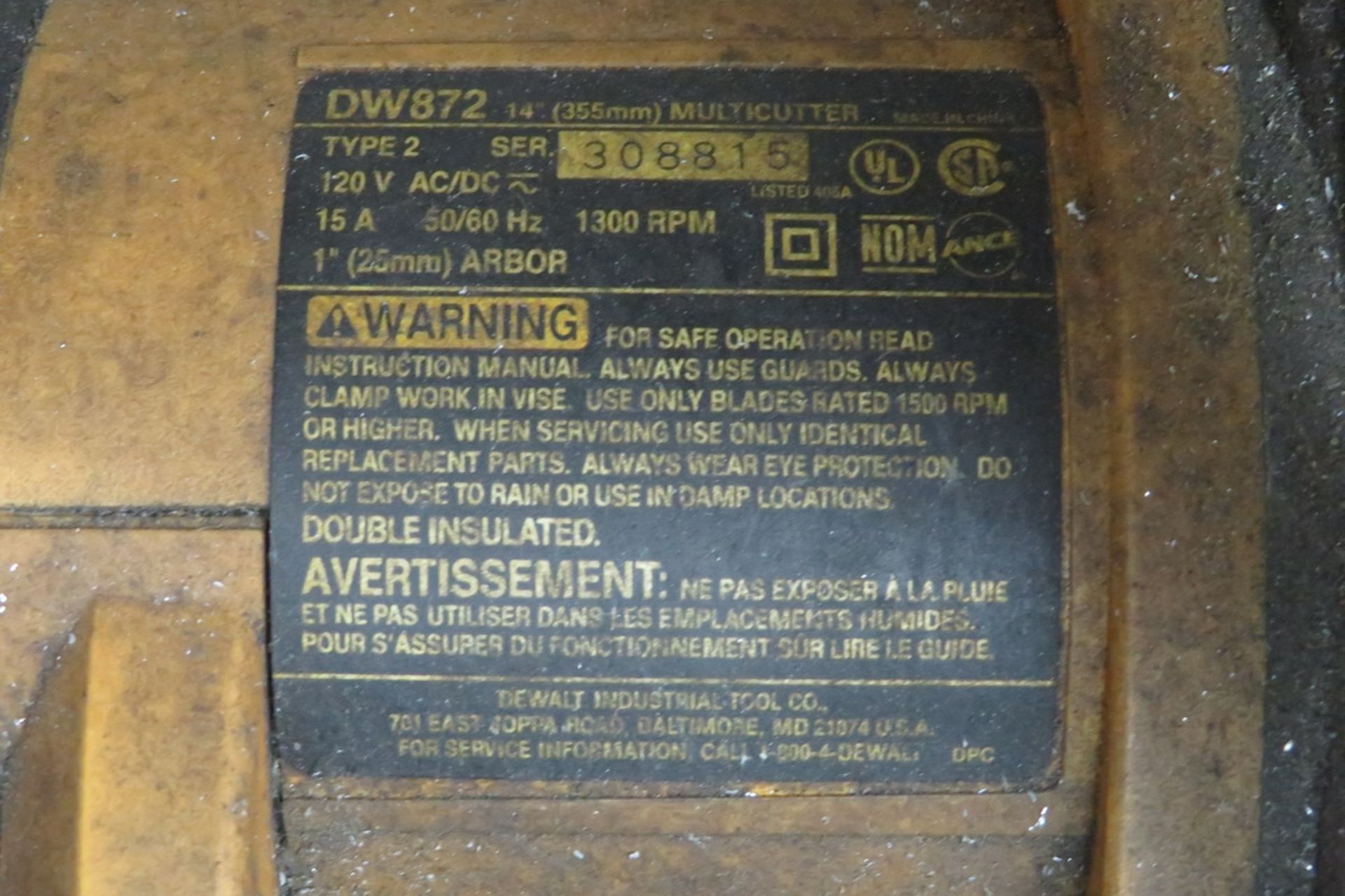 DeWalt Model DW872, 14 in. Multi-Cutter Saw, 110V - Image 2 of 2