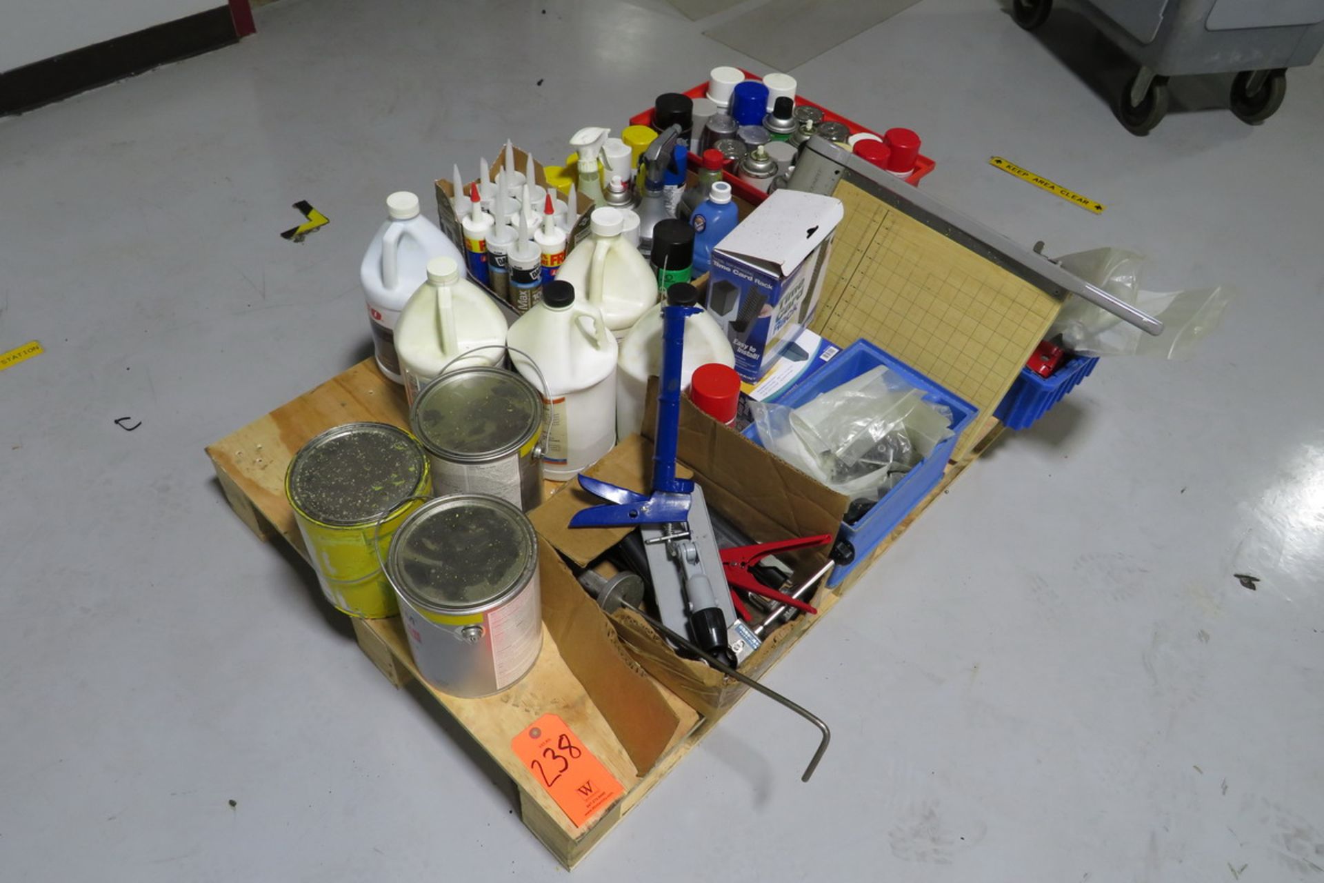 Lot - Pallets of Assorted Caulk Guns, Caulk, Spray Paint, Plastic Bins