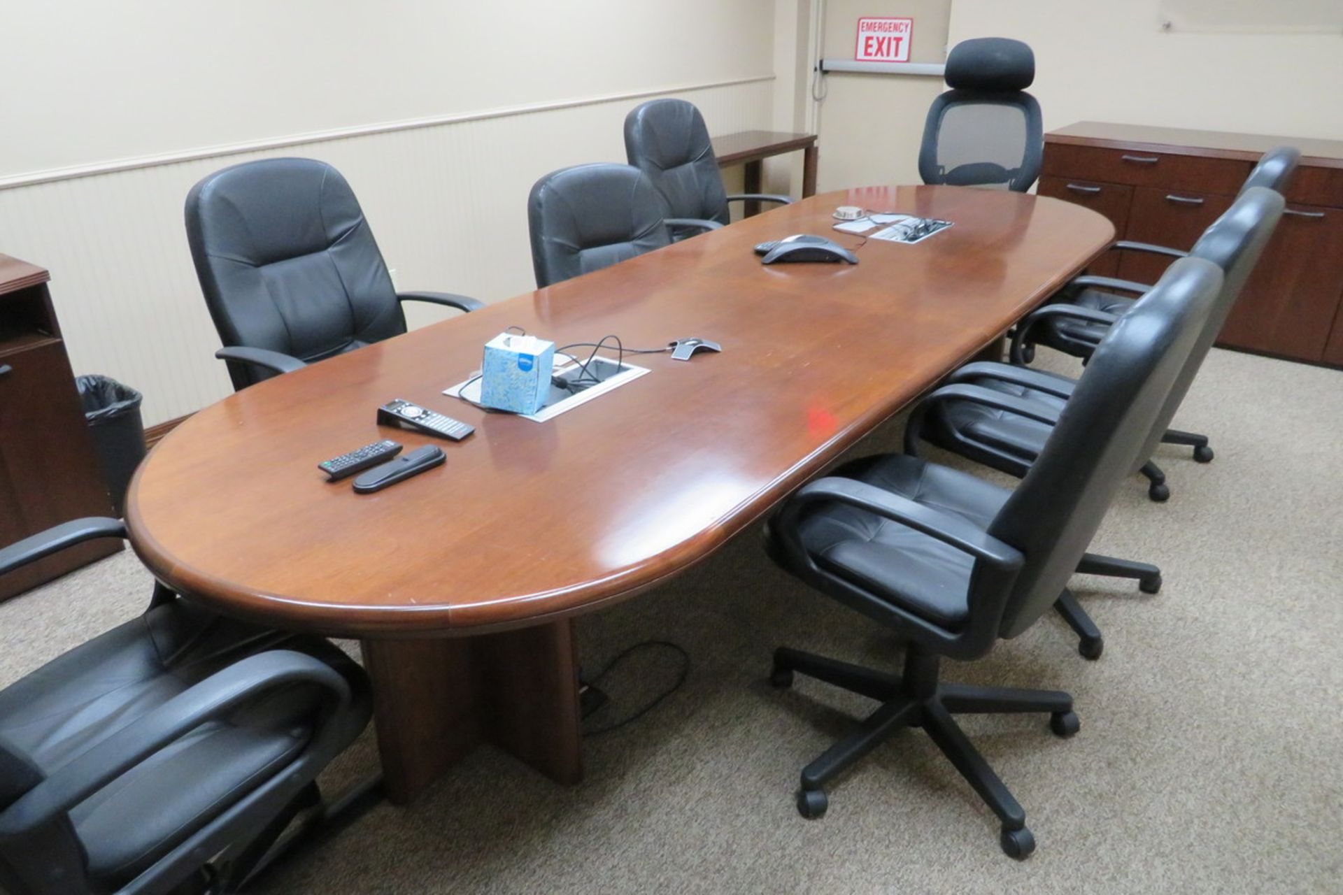 Conference Room Furniture to Include: 9 ft. Wood Conference Table, (2) Wood Hutches, Wood Table, (7)