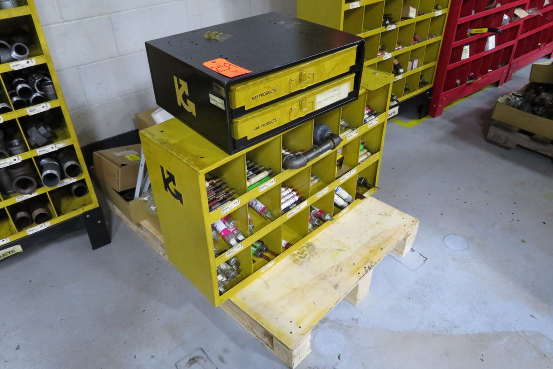 Pallet of Assorted Parts Bins with Contents to Include: Assorted Fuses
