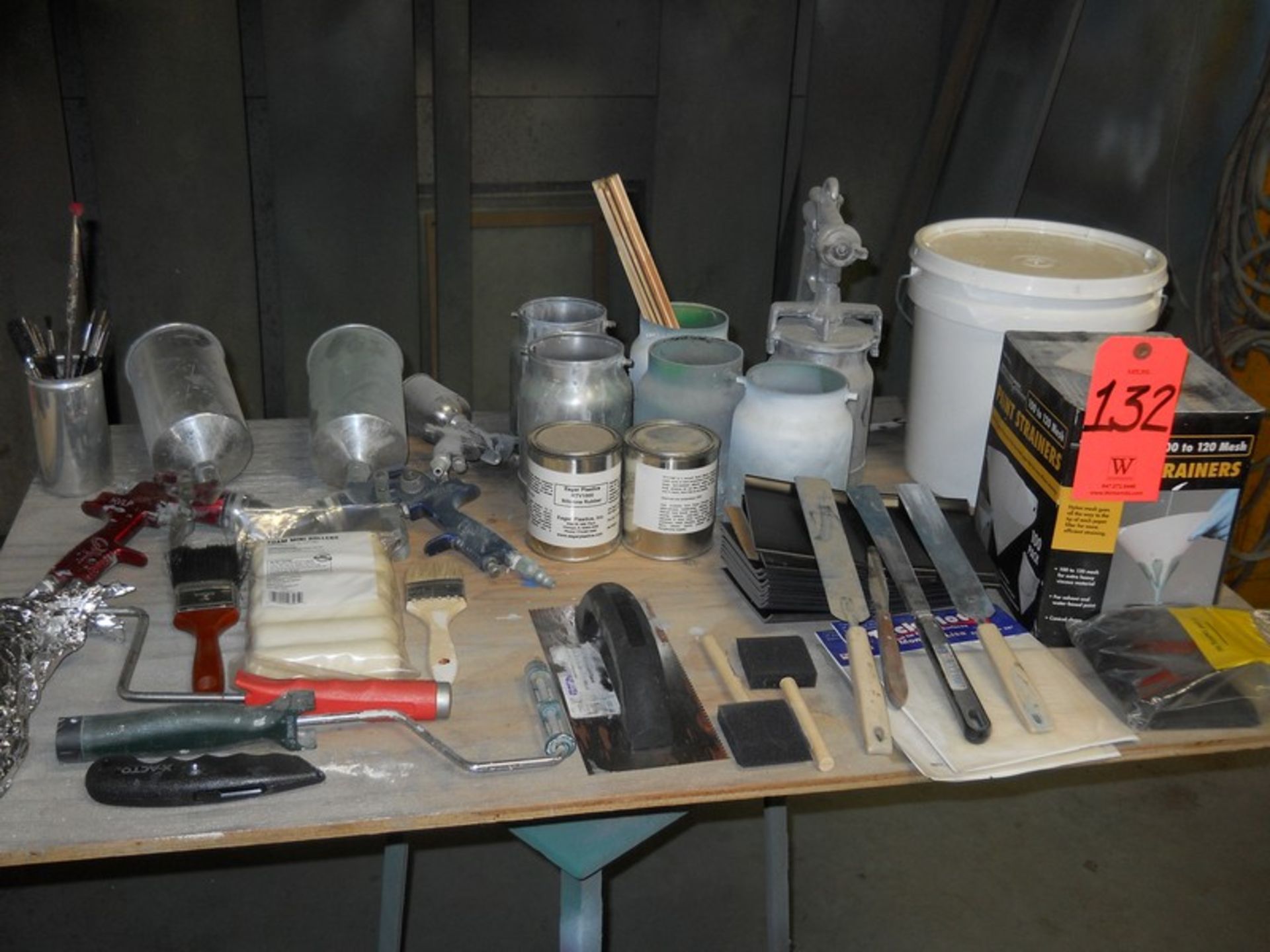 Lot - Paint Supplies, (3) Spray Guns; Paint Cans; Rollers; Strainers; Stirrers