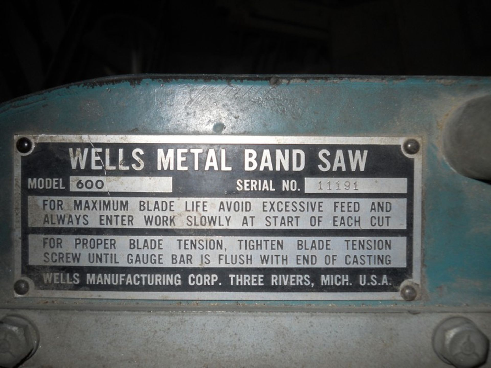 Wells Model 600 Horizontal Metal Cutting Band Saw, S/N: 11191 - Image 4 of 4