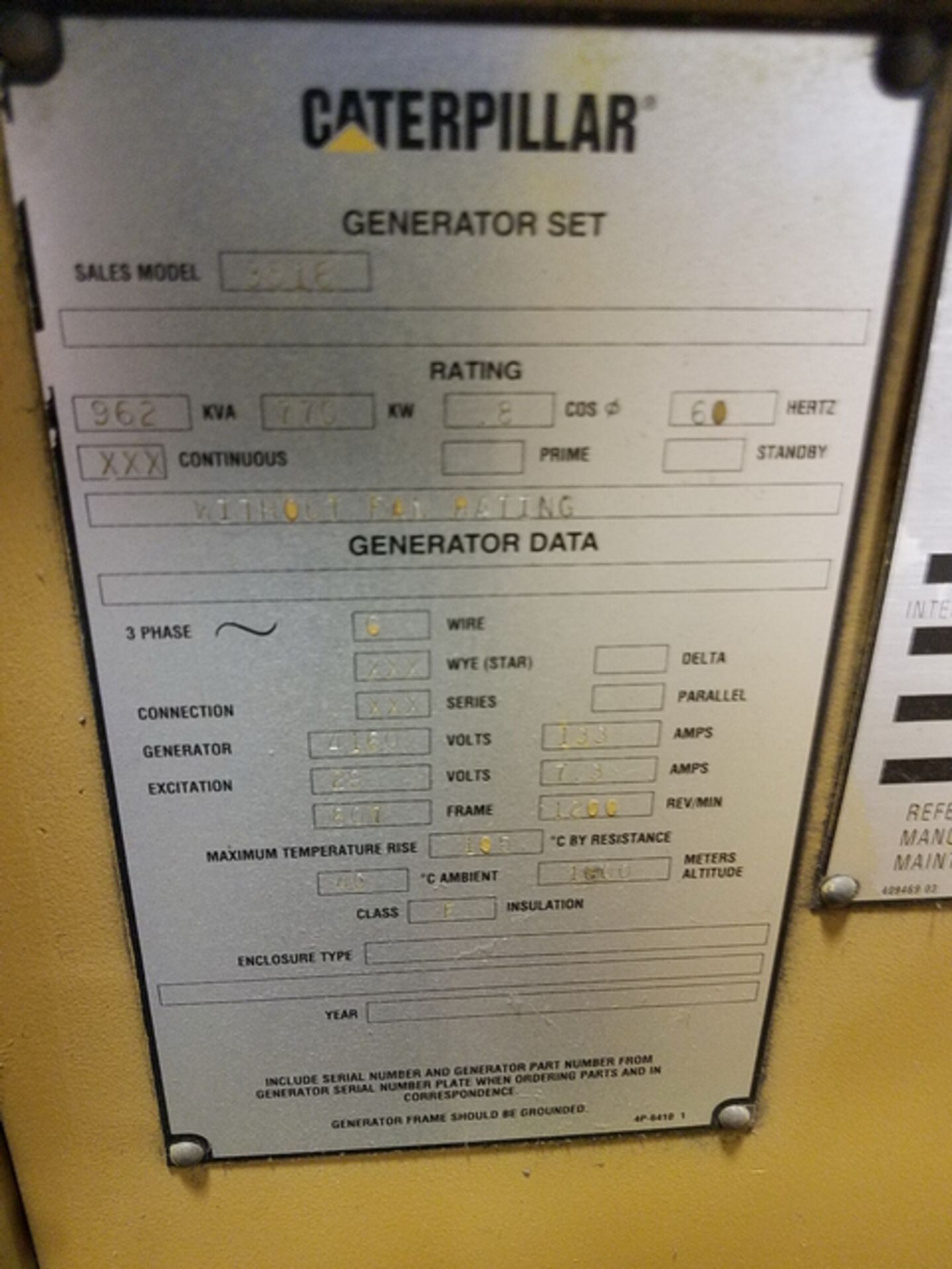 Caterpillar 3516 Generator Set, fuel natural gas, 962 KVA, 770 KW, rating .8 COS@ 60 Hertz, 3ph, 6 - Image 6 of 7