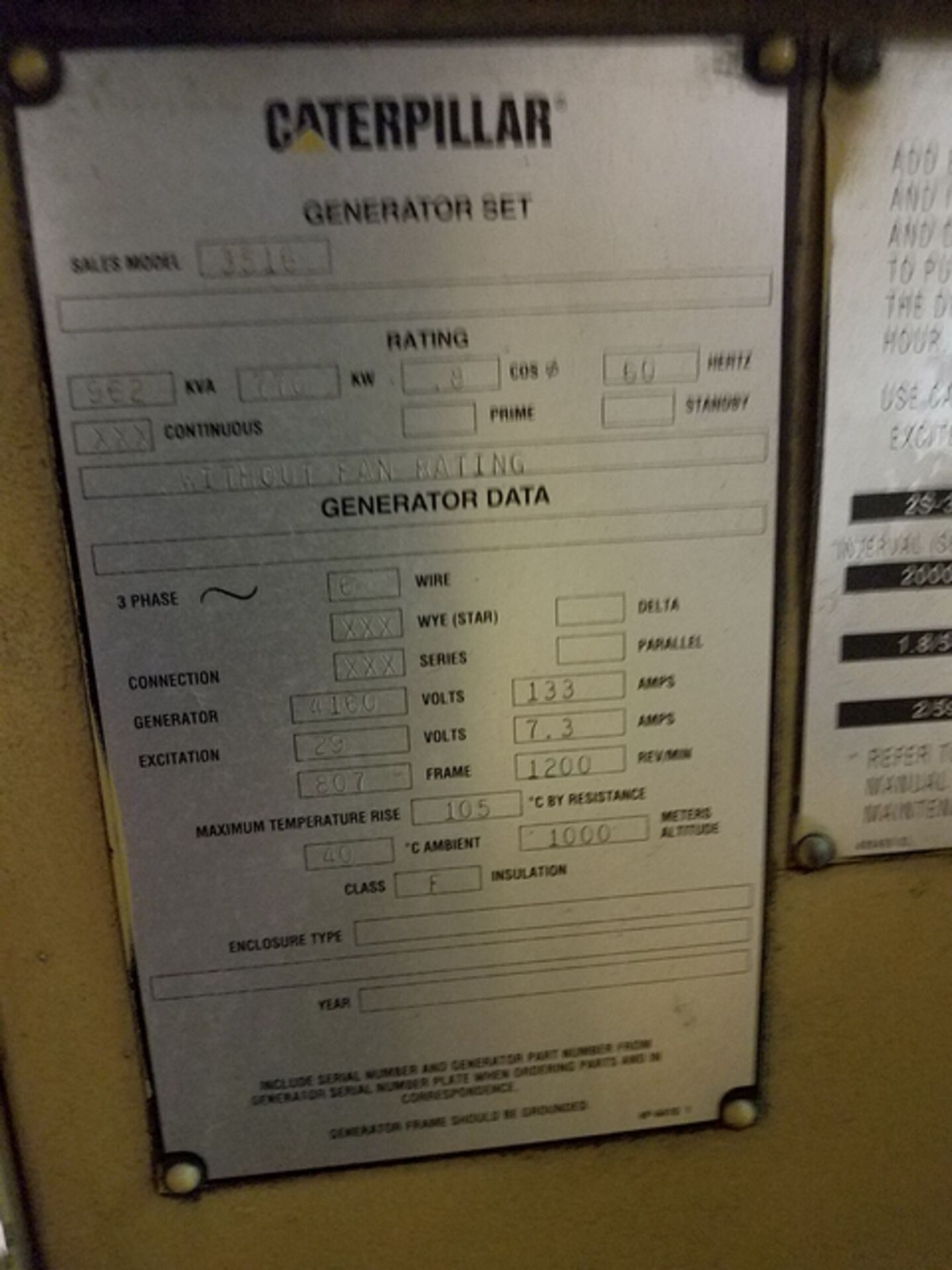 Caterpillar 3516 Generator Set, fuel natural gas, 962 KVA, 770 KW, rating .8 COS@ 60 Hertz, 3ph, 6 - Image 8 of 9