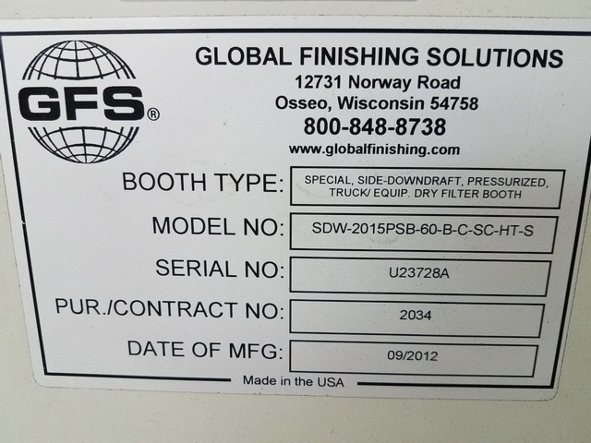 Global Finishing Solutions (GFS) Model SDW-2015PSB-60-B-C-SC-HT-S Special, Side-Downdraft, - Image 8 of 20