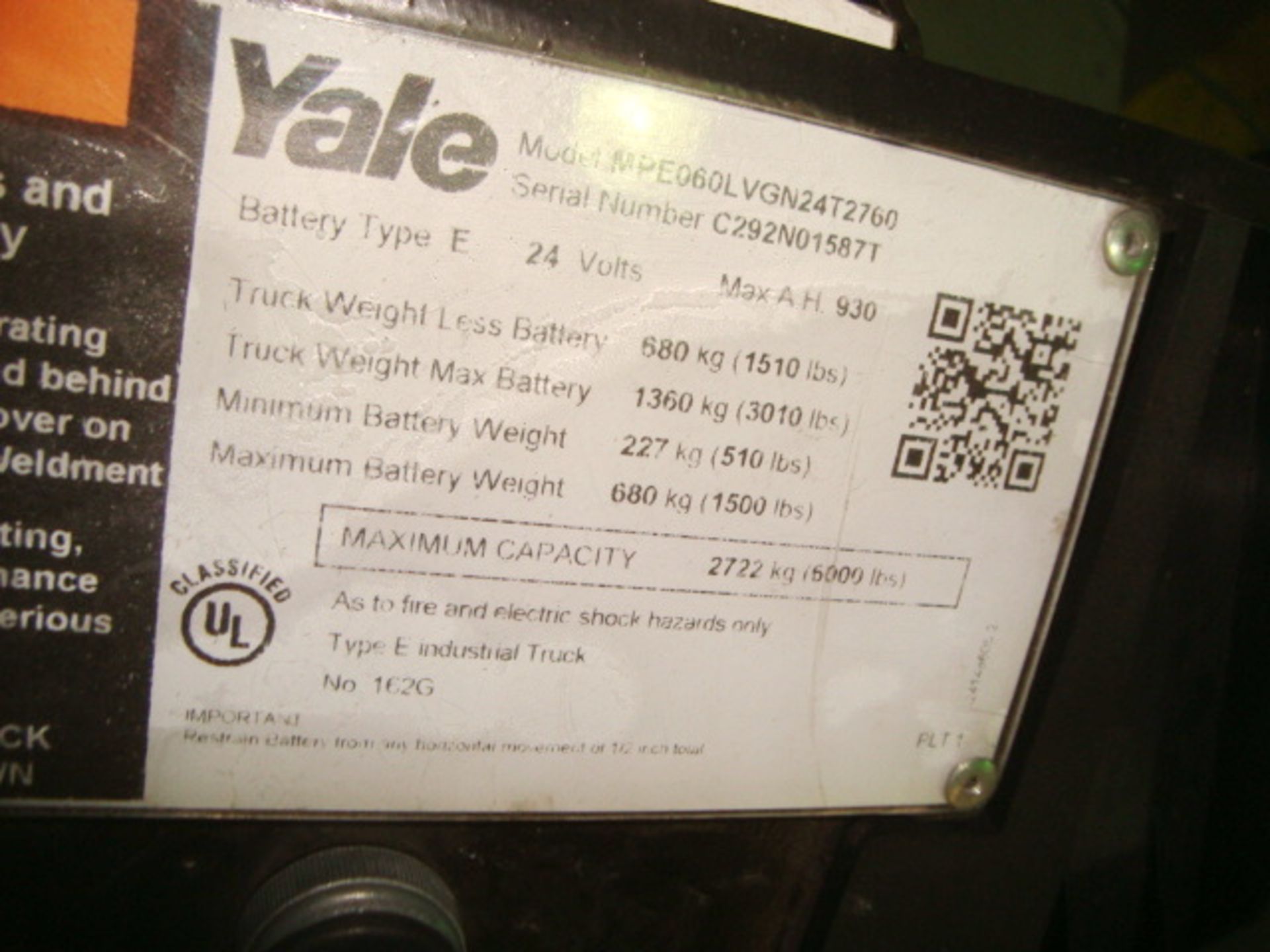 Yale Model MPE060LVGN24T2760 6,000 LB. Capacity Stand Up Riding Lift Truck, 24V, Sn# C292N01587, - Image 7 of 8