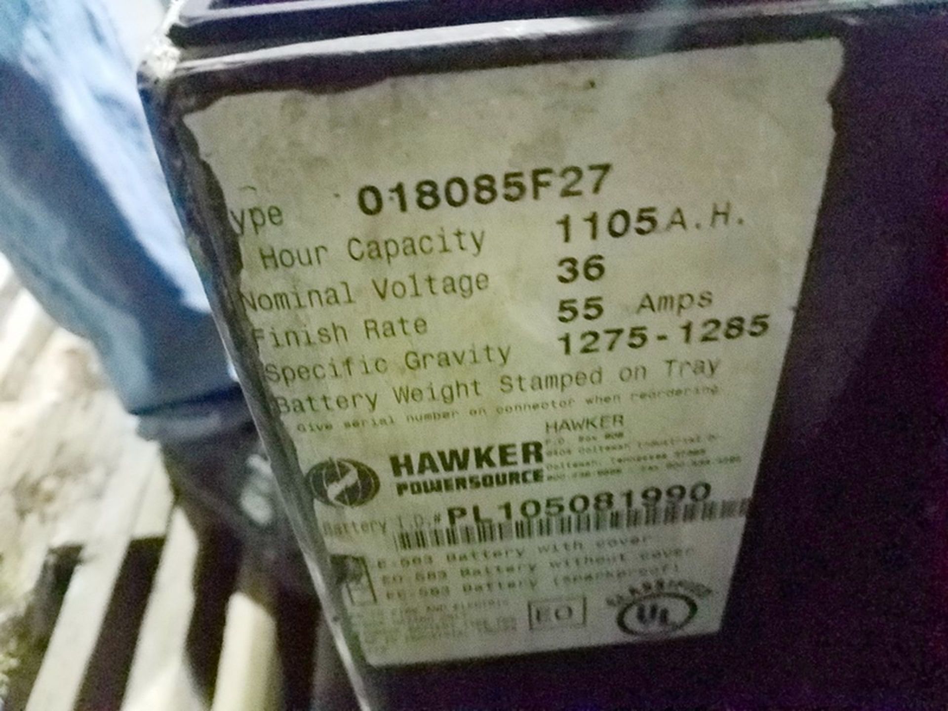 Hawker Powersource Model EO-583 36-Volt Spare Forklift Battery, type 018085F27, hour capacity 1105 - Image 2 of 2