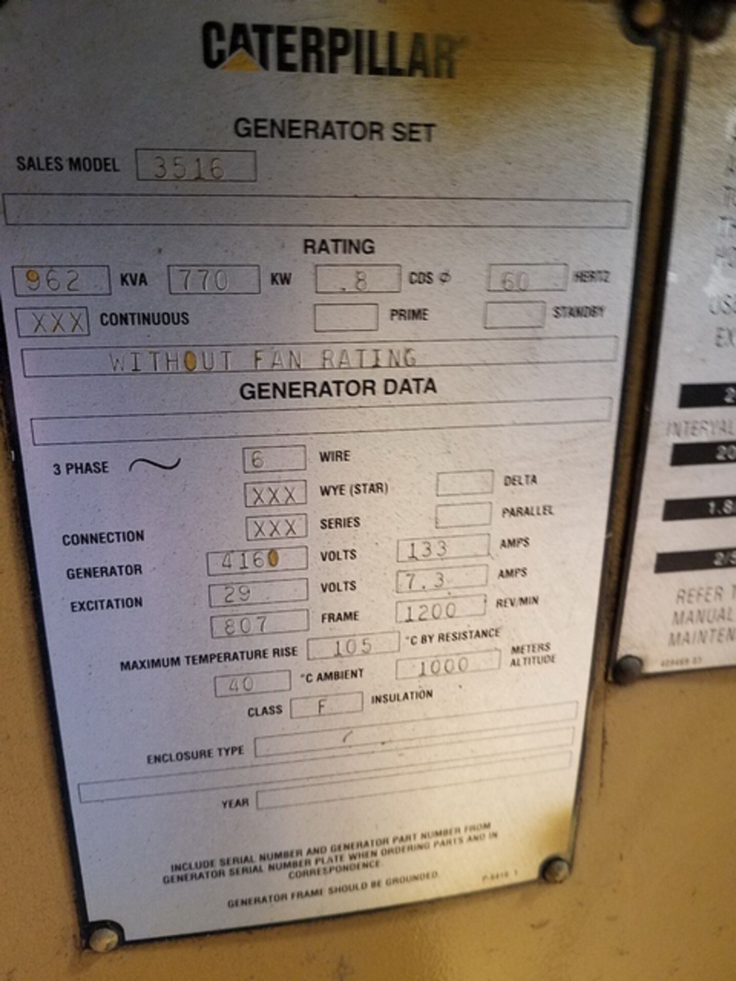 Caterpillar 3516 Generator Set, fuel natural gas, 962 KVA, 770 KW, rating .8 COS@ 60 Hertz, 3ph, 6 - Image 7 of 7