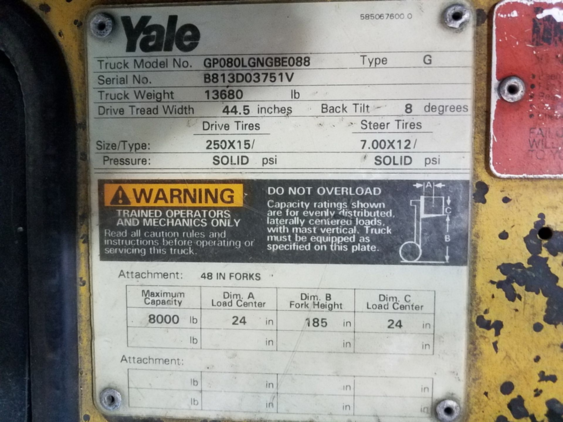 Yale Model GP080LGNGBE088 8,000 lb. Capacity, 185" Lift Height Reach, 6-Cylinder Vortec Gasoline - Image 4 of 4