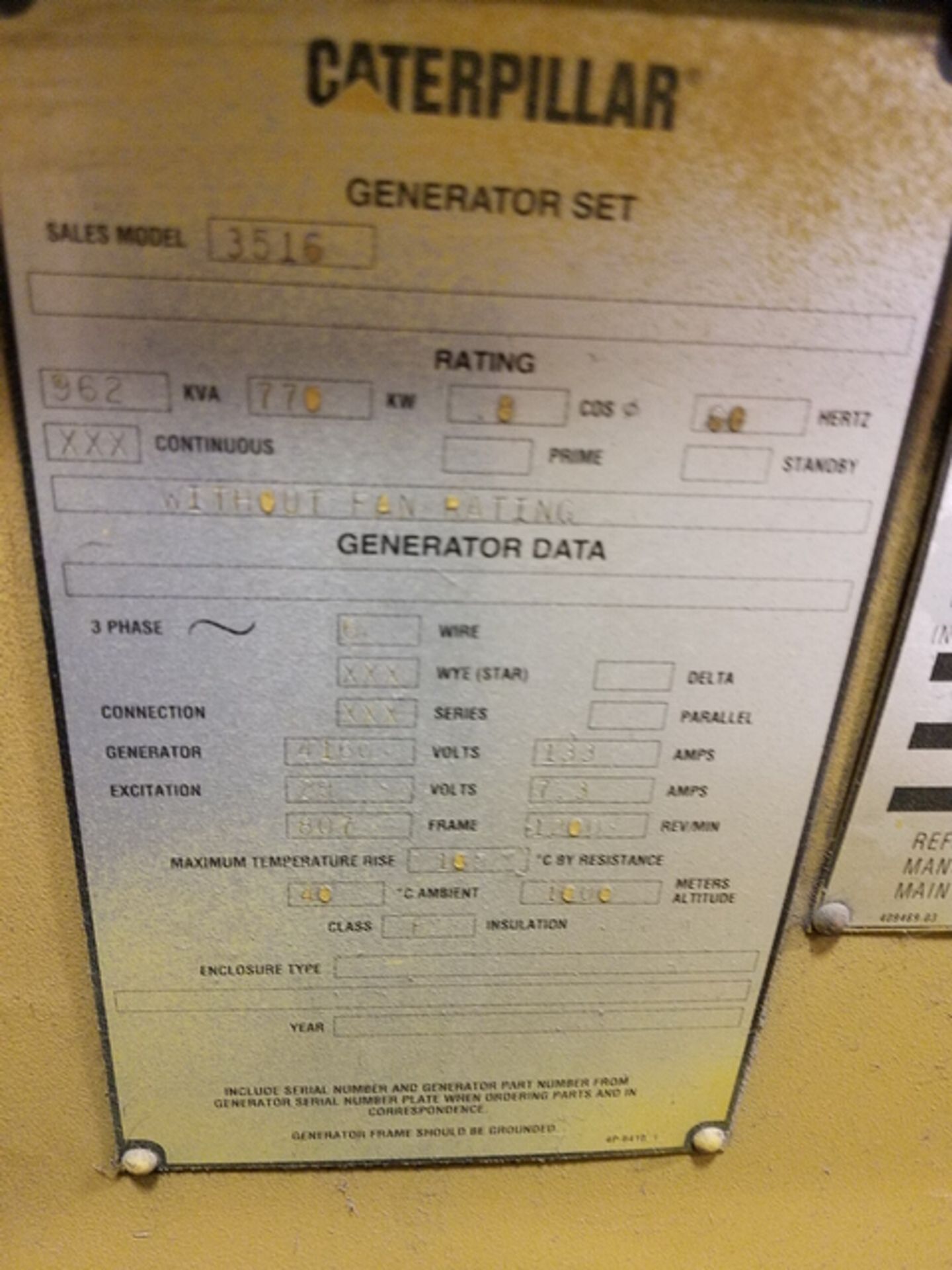 Caterpillar 3516 Generator Set, fuel natural gas, 962 KVA, 770 KW, rating .8 COS@ 60 Hertz, 3ph, 6 - Image 6 of 7