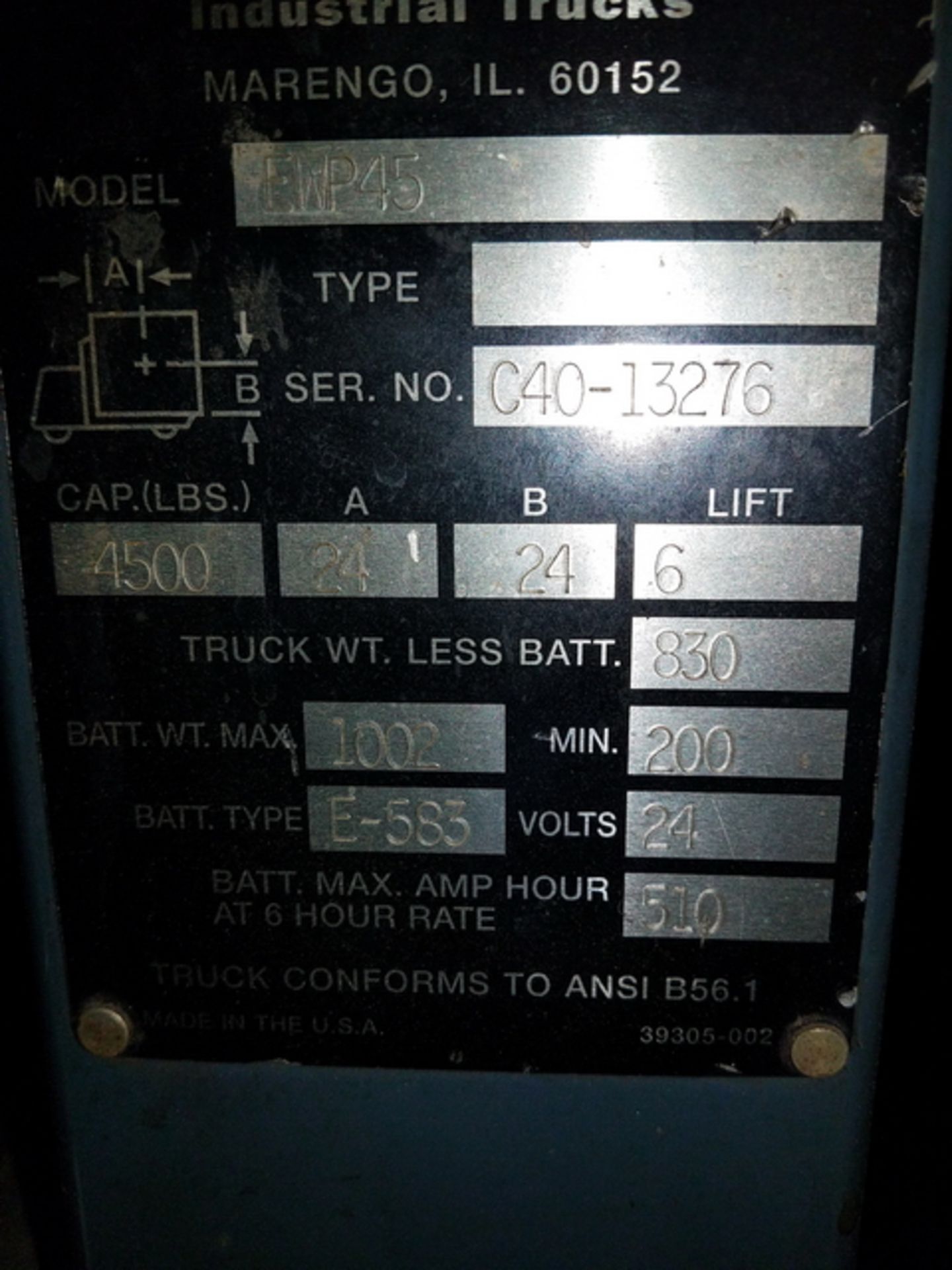 Barrett Model EWP45 4,500 lb. Capacity Electric Pallet Jack. 24V. Sn# C40-13276, Asset# 33990. - Image 4 of 4