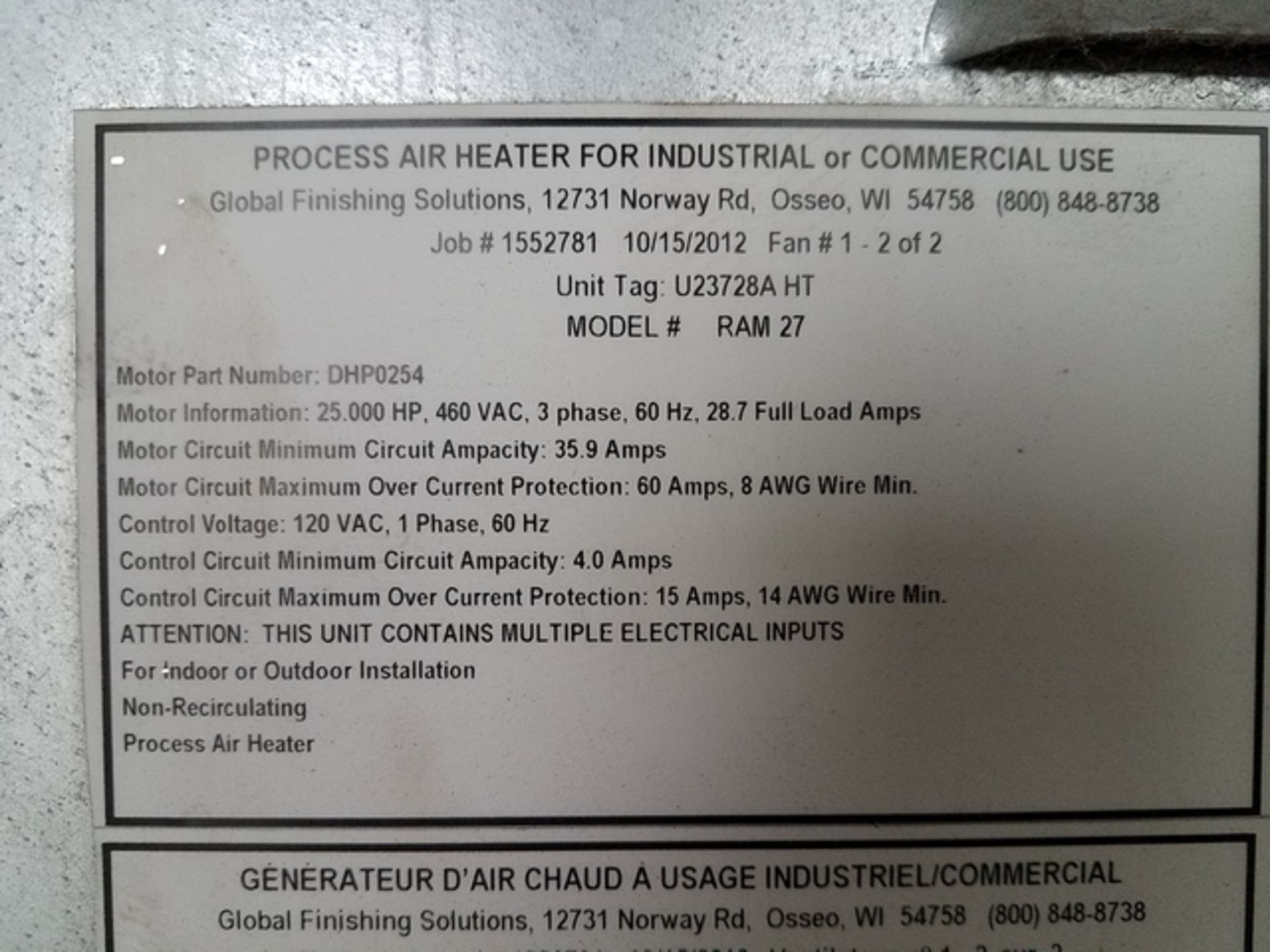 Global Finishing Solutions (GFS) Model SDW-2015PSB-60-B-C-SC-HT-S Special, Side-Downdraft, - Image 15 of 20