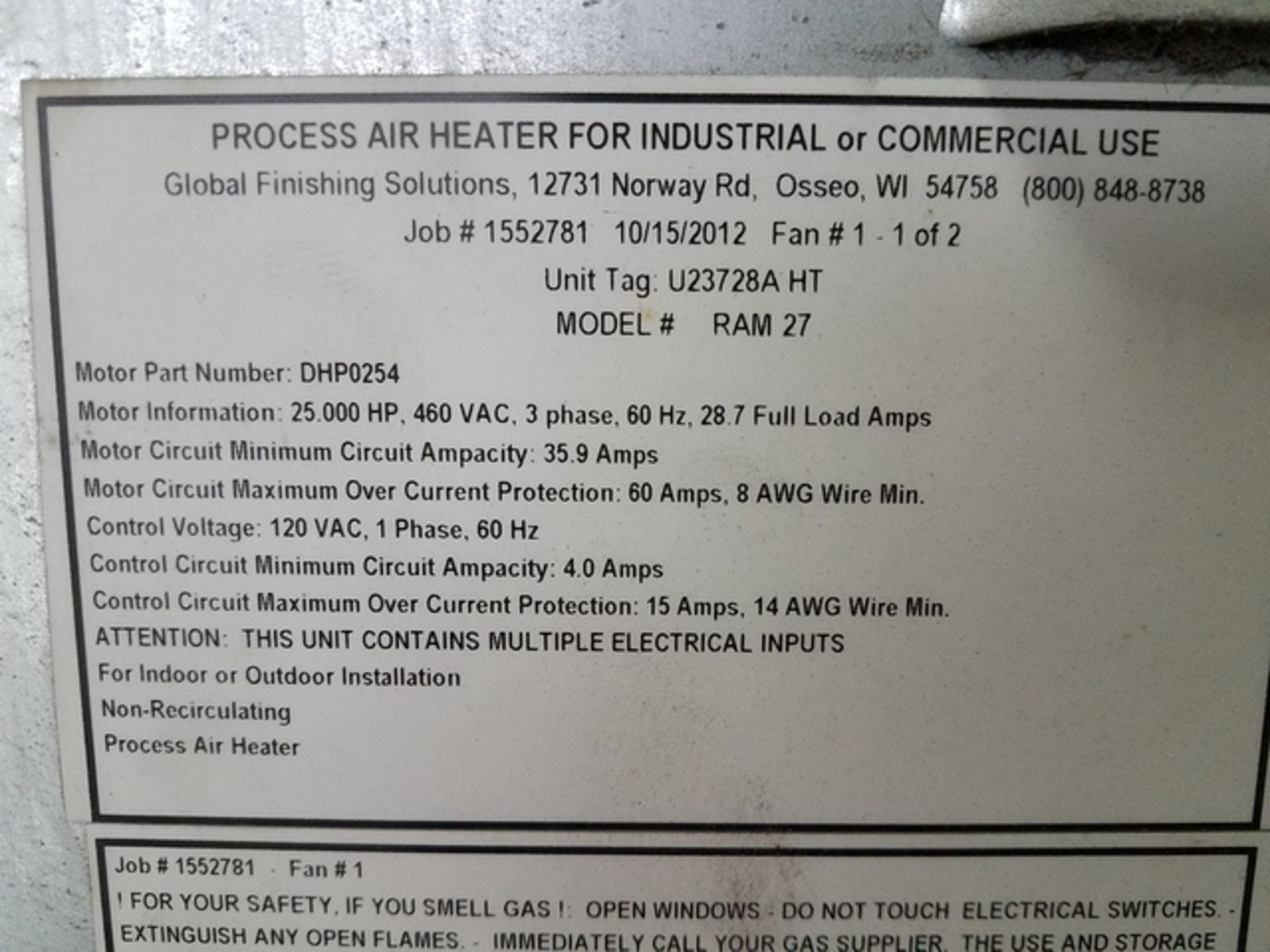 Global Finishing Solutions (GFS) Model SDW-2015PSB-60-B-C-SC-HT-S Special, Side-Downdraft, - Image 11 of 20