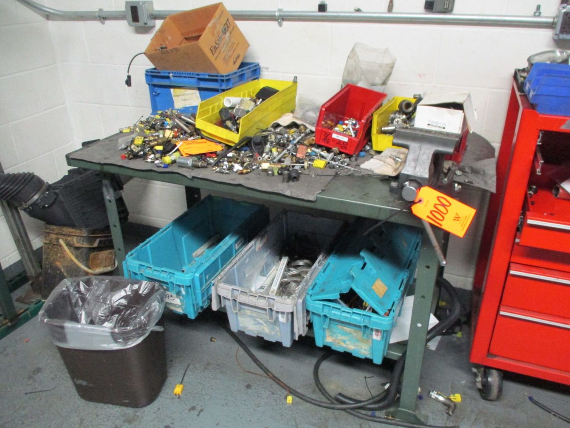 4' Steel Table with Vise, (2) Metal Part Bins and (3) Plastic Part Bin Racks (Prep Room Near Door