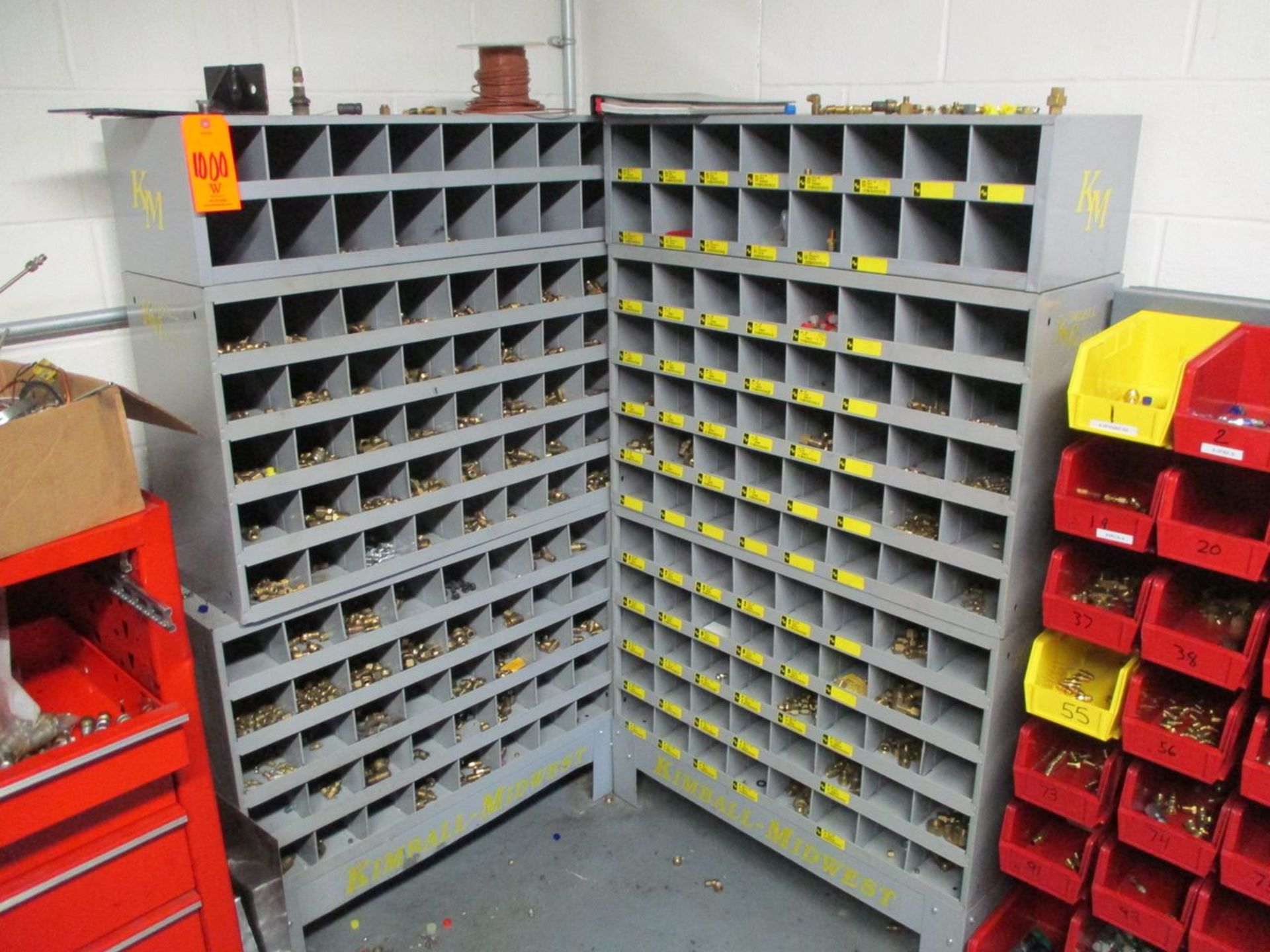 4' Steel Table with Vise, (2) Metal Part Bins and (3) Plastic Part Bin Racks (Prep Room Near Door - Image 2 of 8