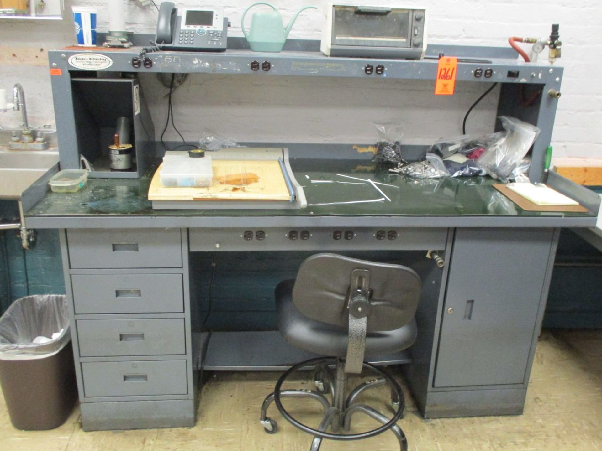 (5) 5' Steel Work Benches with Pedestal and Cabinet Base, 6' Formica Top Table, (4) Swivel - Image 2 of 7