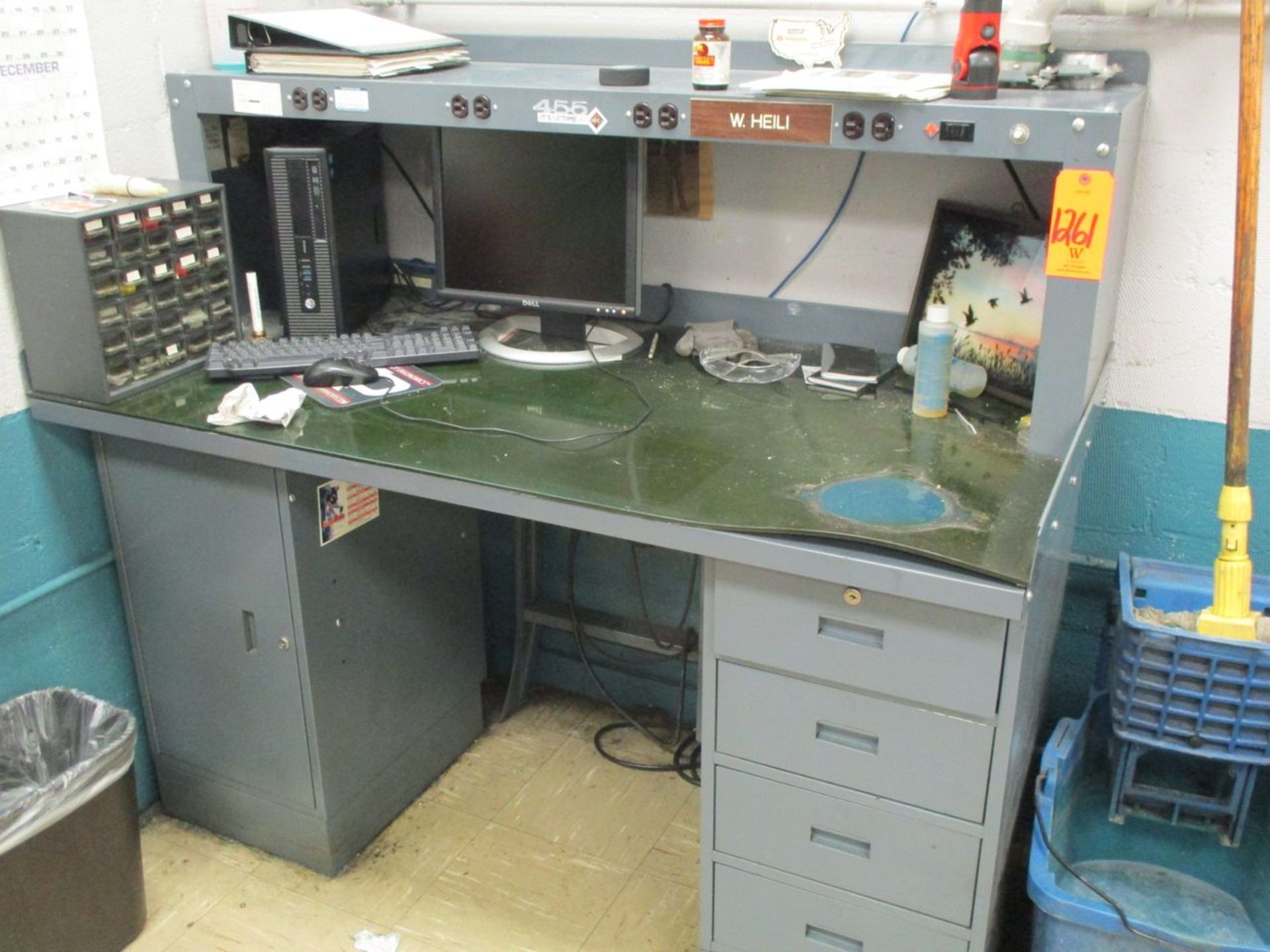(5) 5' Steel Work Benches with Pedestal and Cabinet Base, 6' Formica Top Table, (4) Swivel