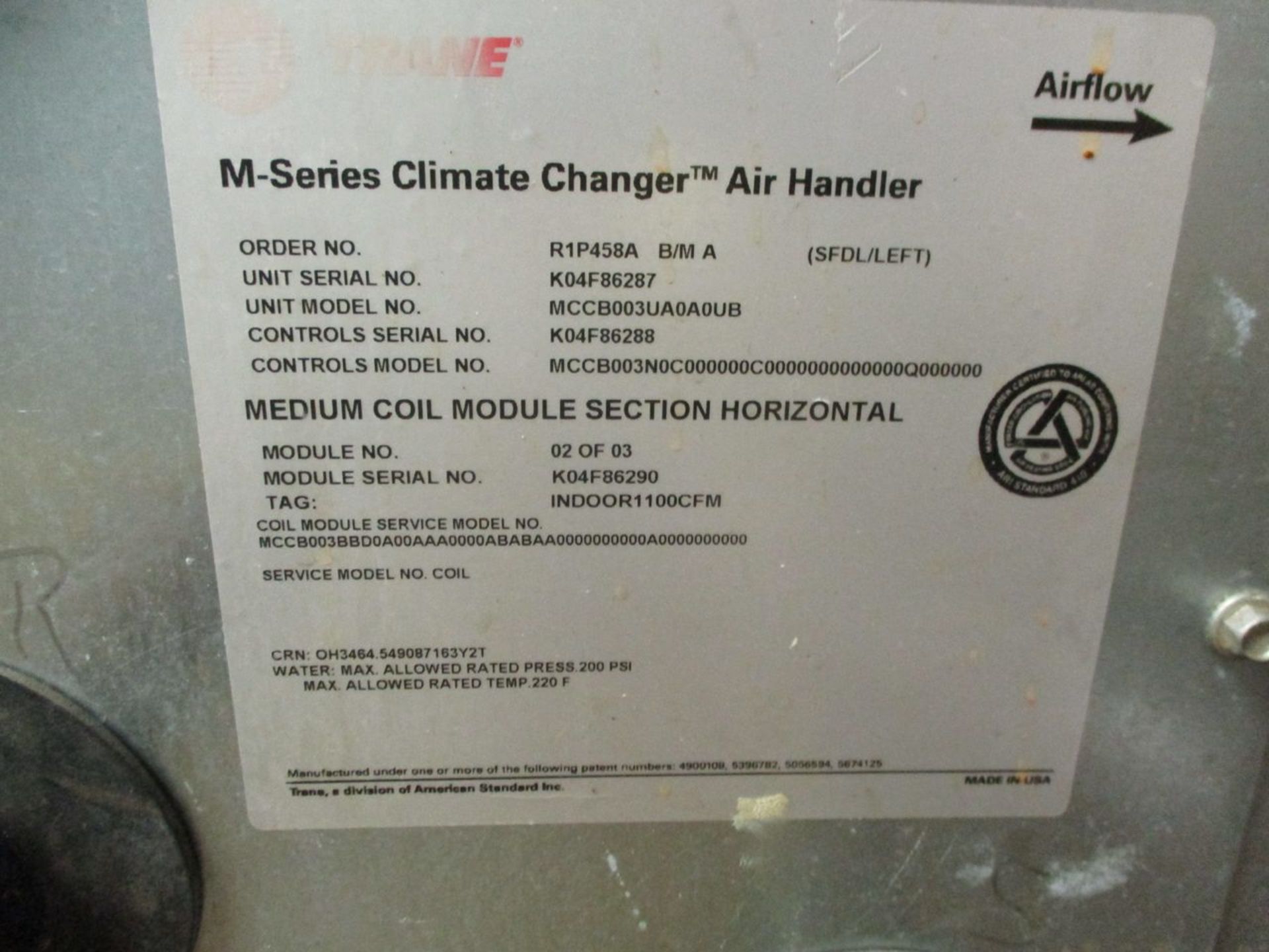 Trane MCCB003UA0A0UB M-Series Climate Changer Air Handler, S/N K04F86287 (MP33296) (Basement BX-46) - Image 2 of 2