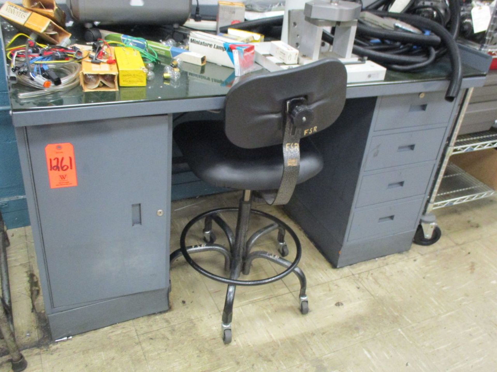 (5) 5' Steel Work Benches with Pedestal and Cabinet Base, 6' Formica Top Table, (4) Swivel - Image 5 of 7