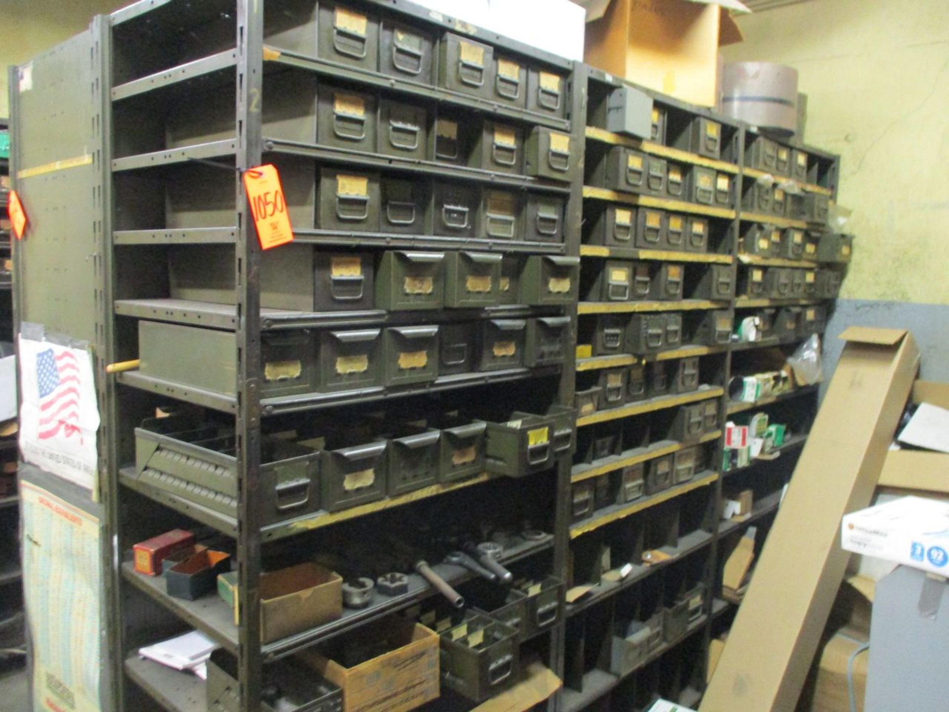 12-Sections of Steel Shelving with Metal Part Bins, Taps & Dies, Dowell Pins, Springs, Screws,