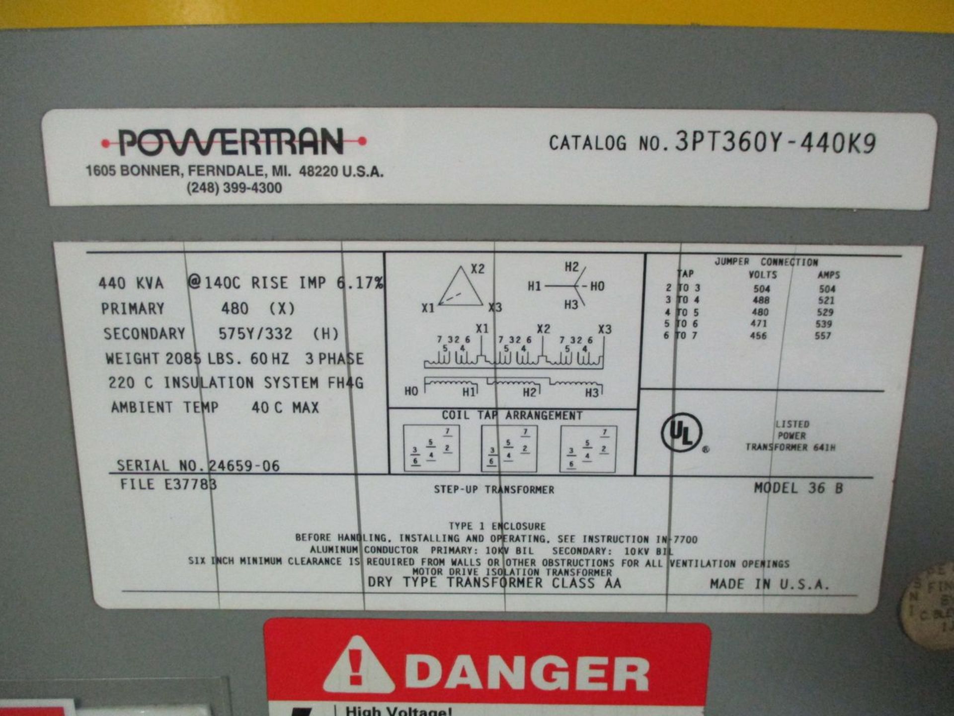 Powertran 3PT360Y-440K9 440 KVA Transformer, S/N 24659-06 (Cell 17) (Basement CY-70) - Image 2 of 2