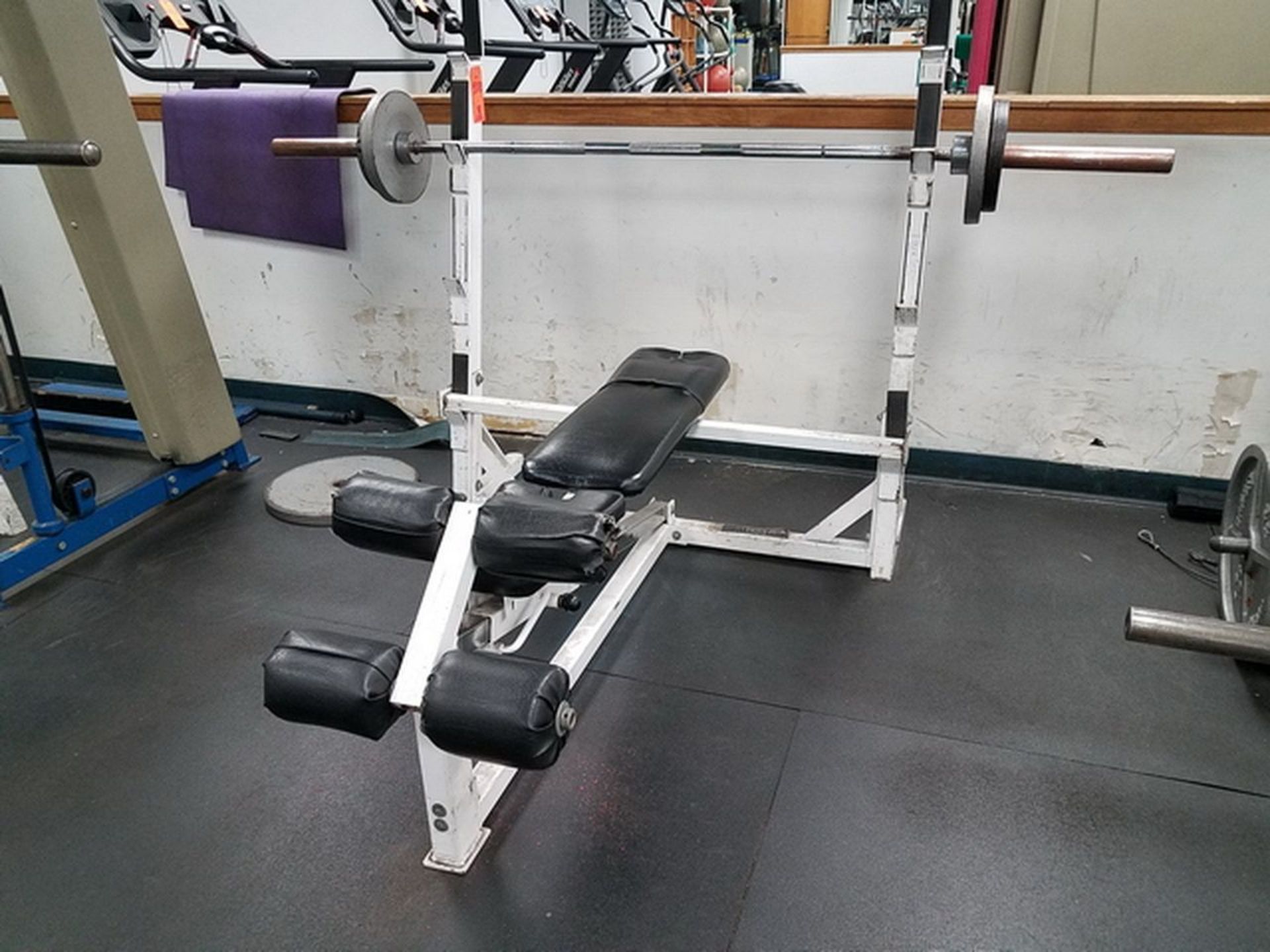 Pro-Elite Bench Press Stand with leg attachment & bar. A# 41614 Loc: Basement Fitness Room. (Bsmt