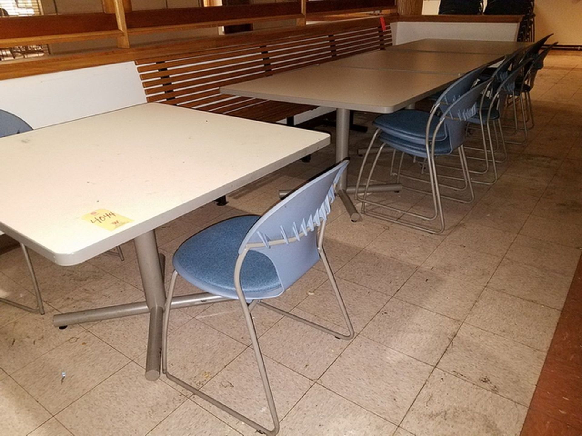 Lot of (12) Formica Top Cafeteria Tables, 42" x 42", includes 24 stacking chairs. Loc: Basement