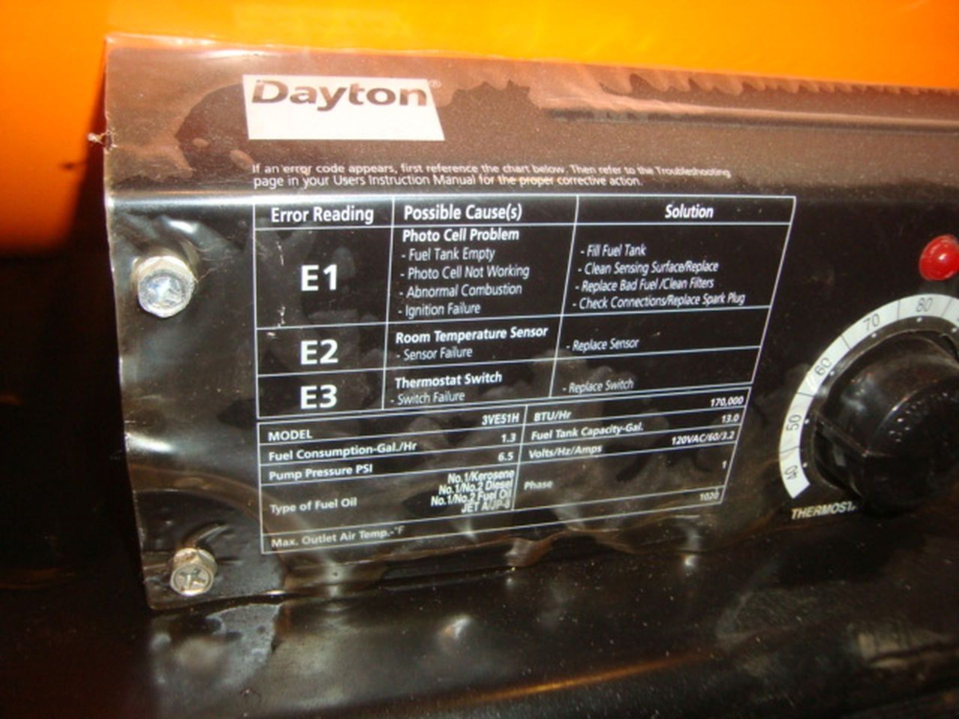 Dayton Model 3VE51 170,000 BTU Portable Kerosene Fired Heater., Max. Outlet Air Temp. 1020F. 120V, - Image 4 of 4