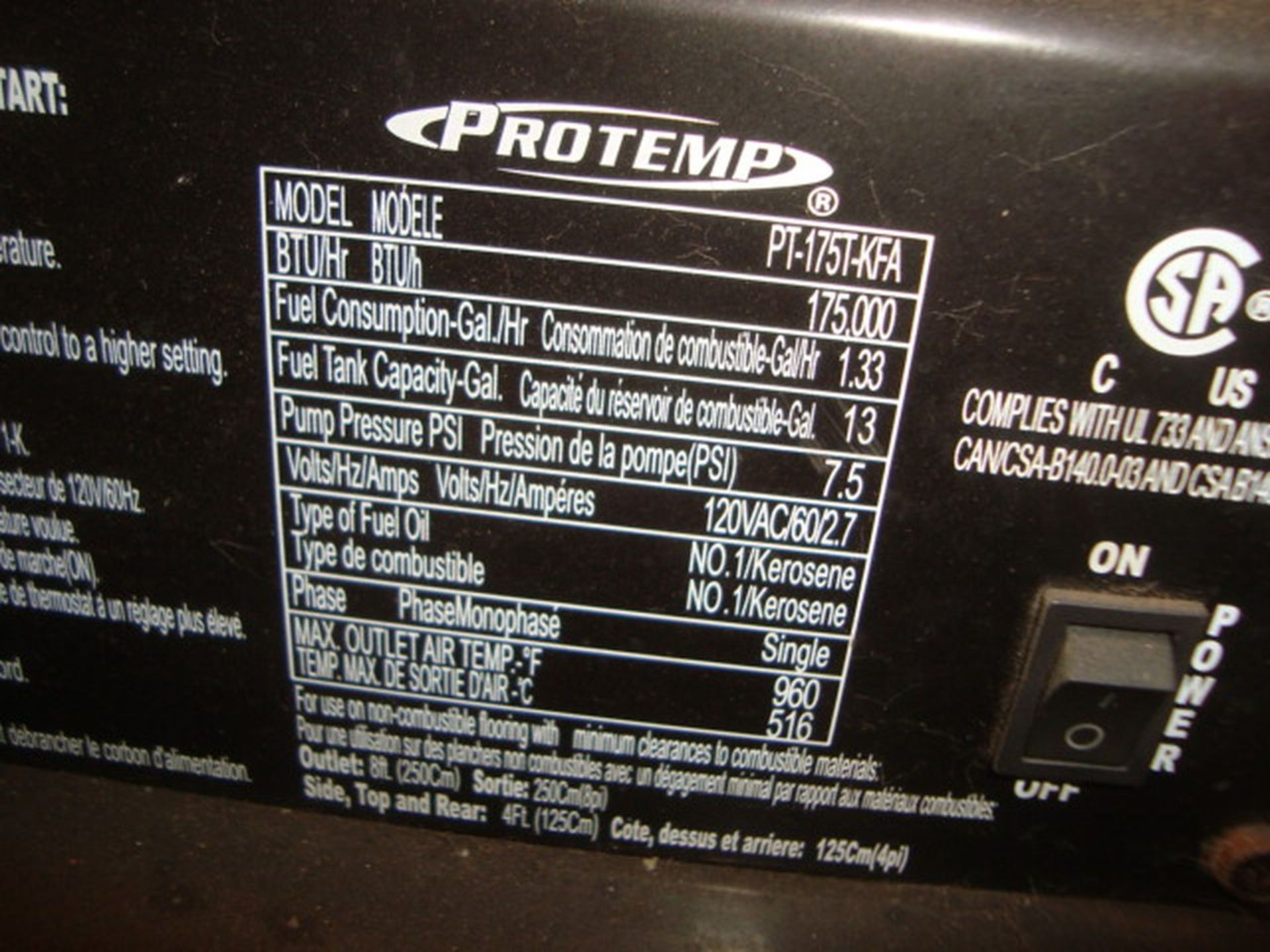 ProTemp Model PT-175T-KFA 175,000 BTU Portable Kerosene Fired Heater With 13-Gallon Capacity Fuel - Image 4 of 4