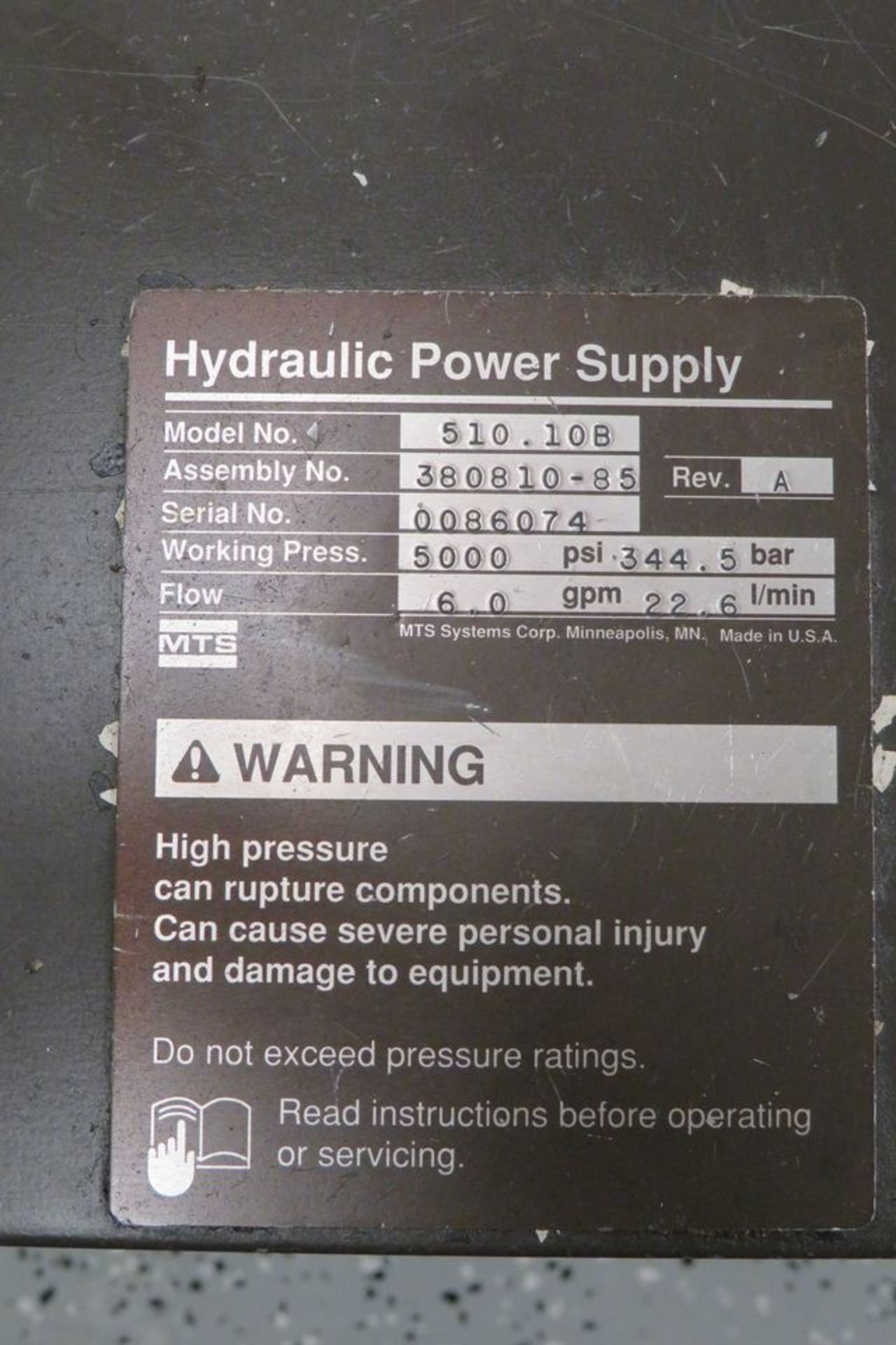 MTS Mechanical Test System to Include: Mdl. 510.108 Hydraulic Power Supply, Mdl. B-1002-77405 Heat - Image 4 of 5