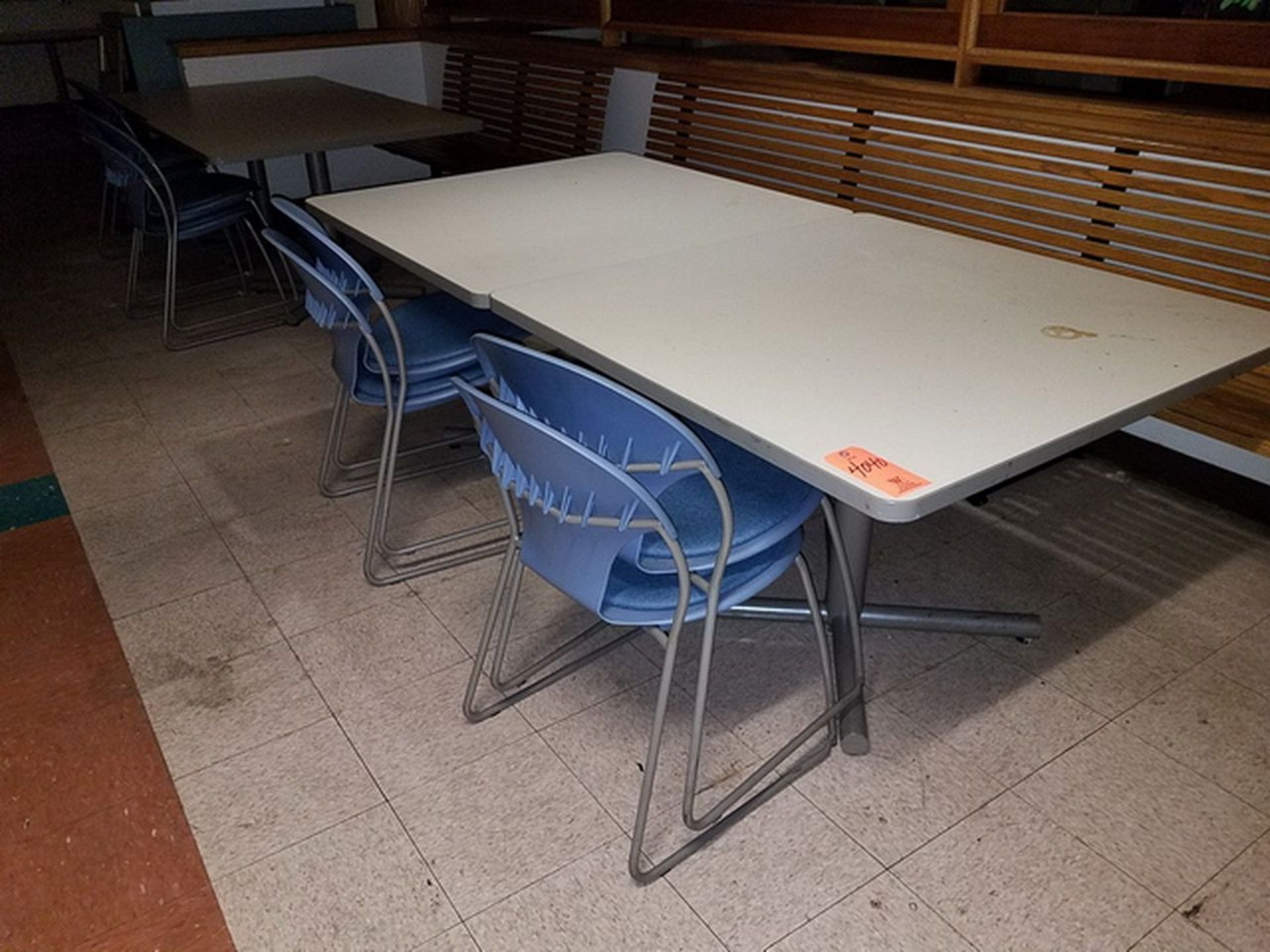 Lot of (4) Formica Top Cafeteria Tables, 42" x 42", includes 8 stacking chairs. Loc: Basement