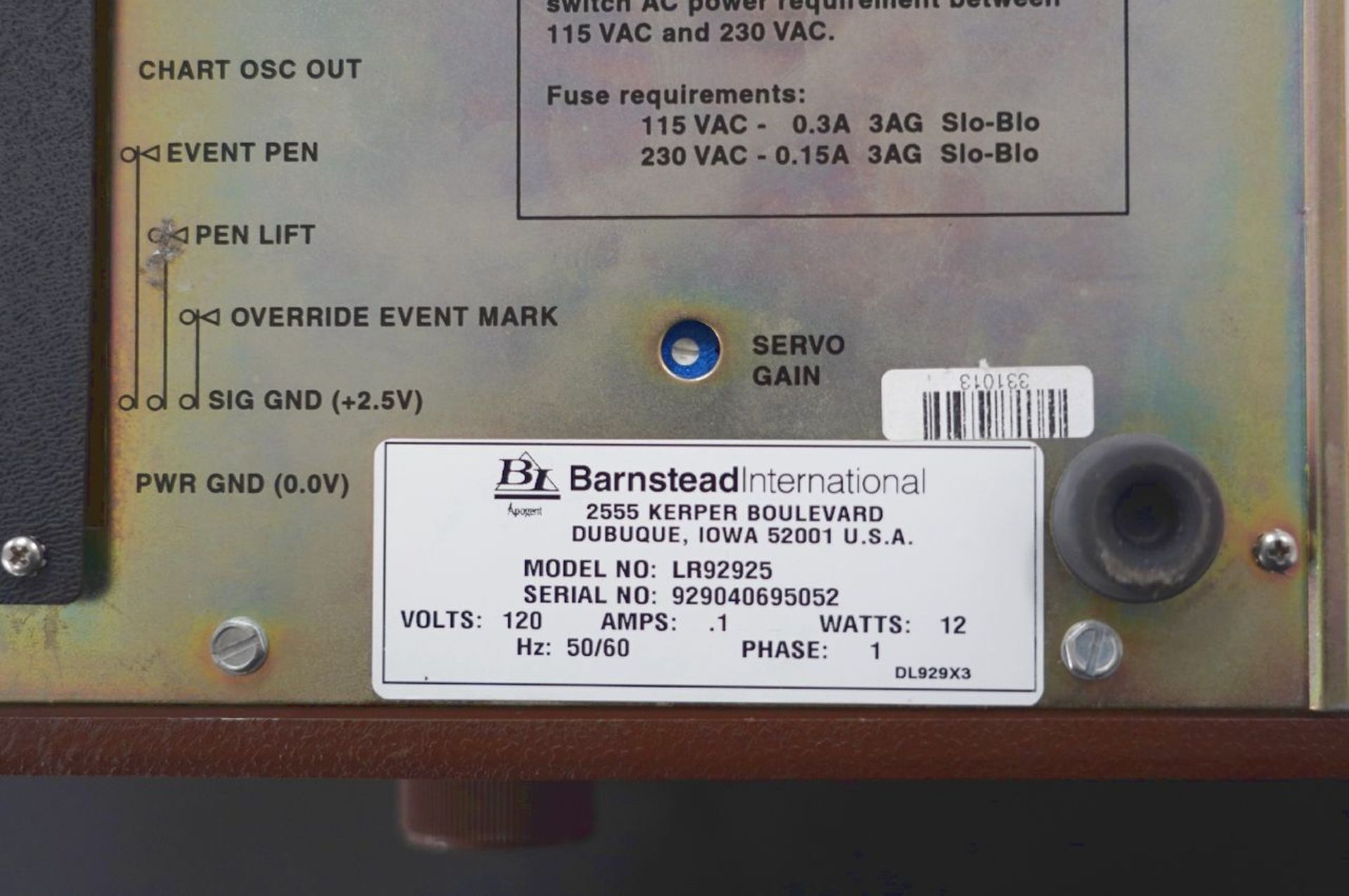 Barnstead Inernational LR92925 Channel Recorder, S/N 929040695052 (Materials Lab) - Image 5 of 5