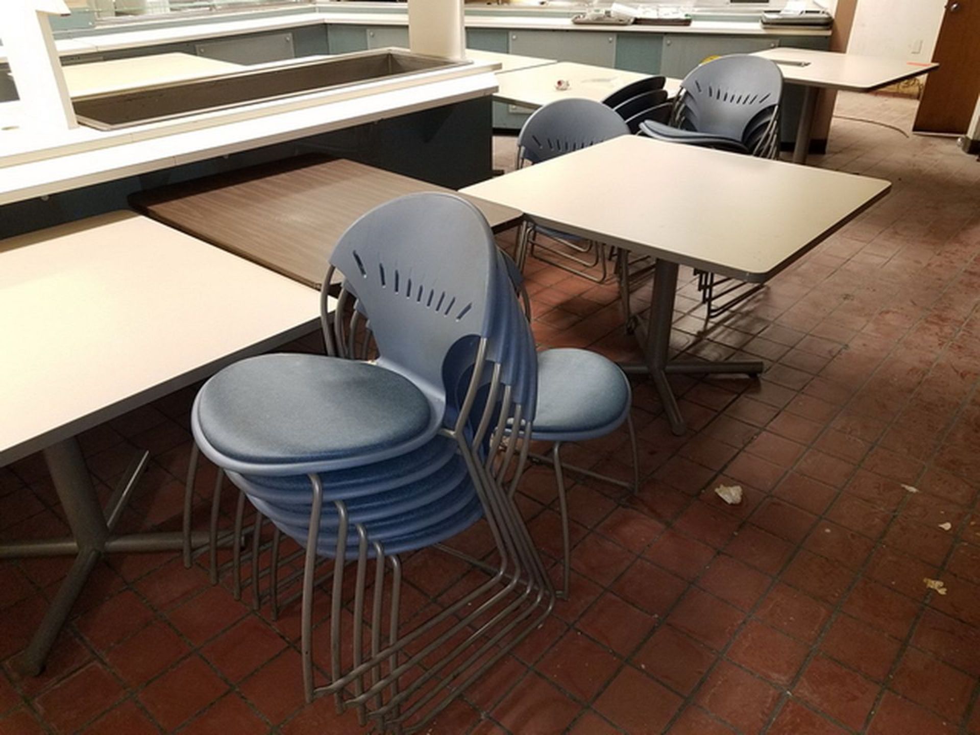 Lot of (17) Formica Top Cafeteria Tables, 42" x 42", includes 29 stacking chairs. Loc: Basement - Image 4 of 4