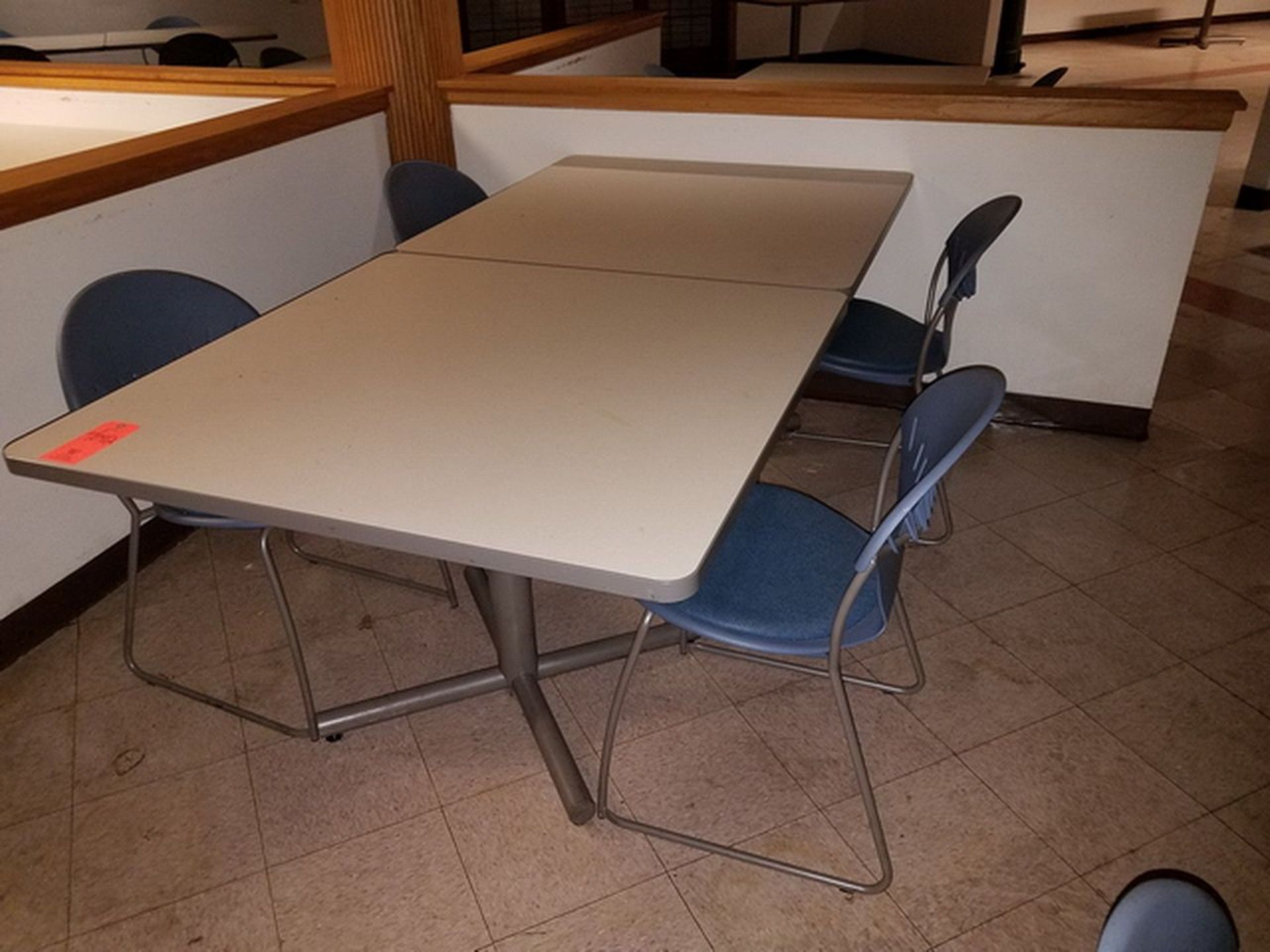 Lot of (4) Formica Top Cafeteria Tables, 42" x 42", includes 8 stacking chairs. Loc: Basement