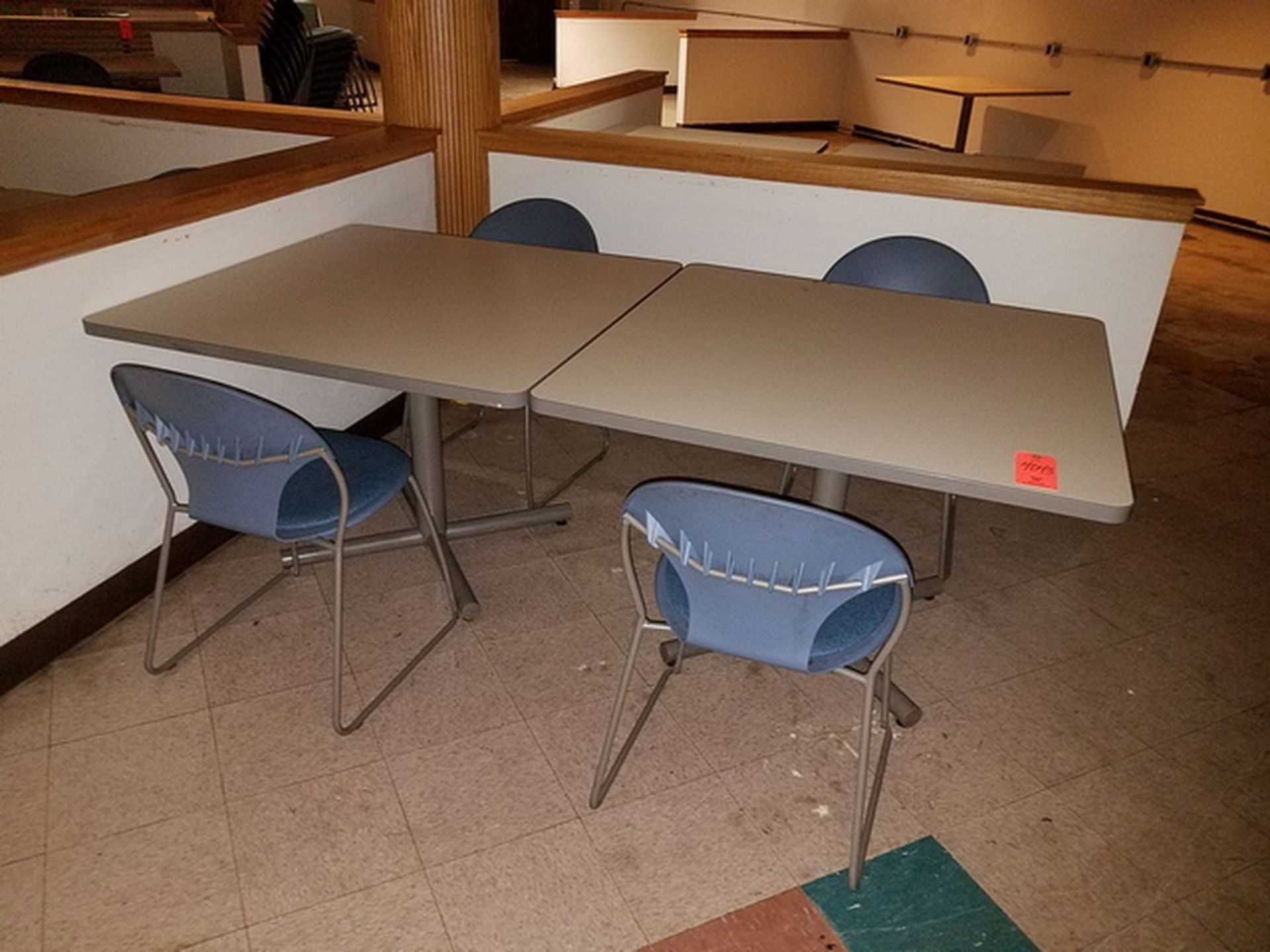 Lot of (4) Formica Top Cafeteria Tables, 42" x 42", includes 8 stacking chairs. Loc: Basement