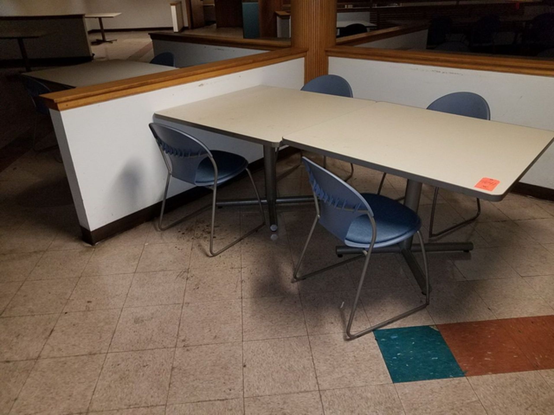 Lot of (4) Formica Top Cafeteria Tables, 42" x 42", includes 8 stacking chairs. Loc: Basement