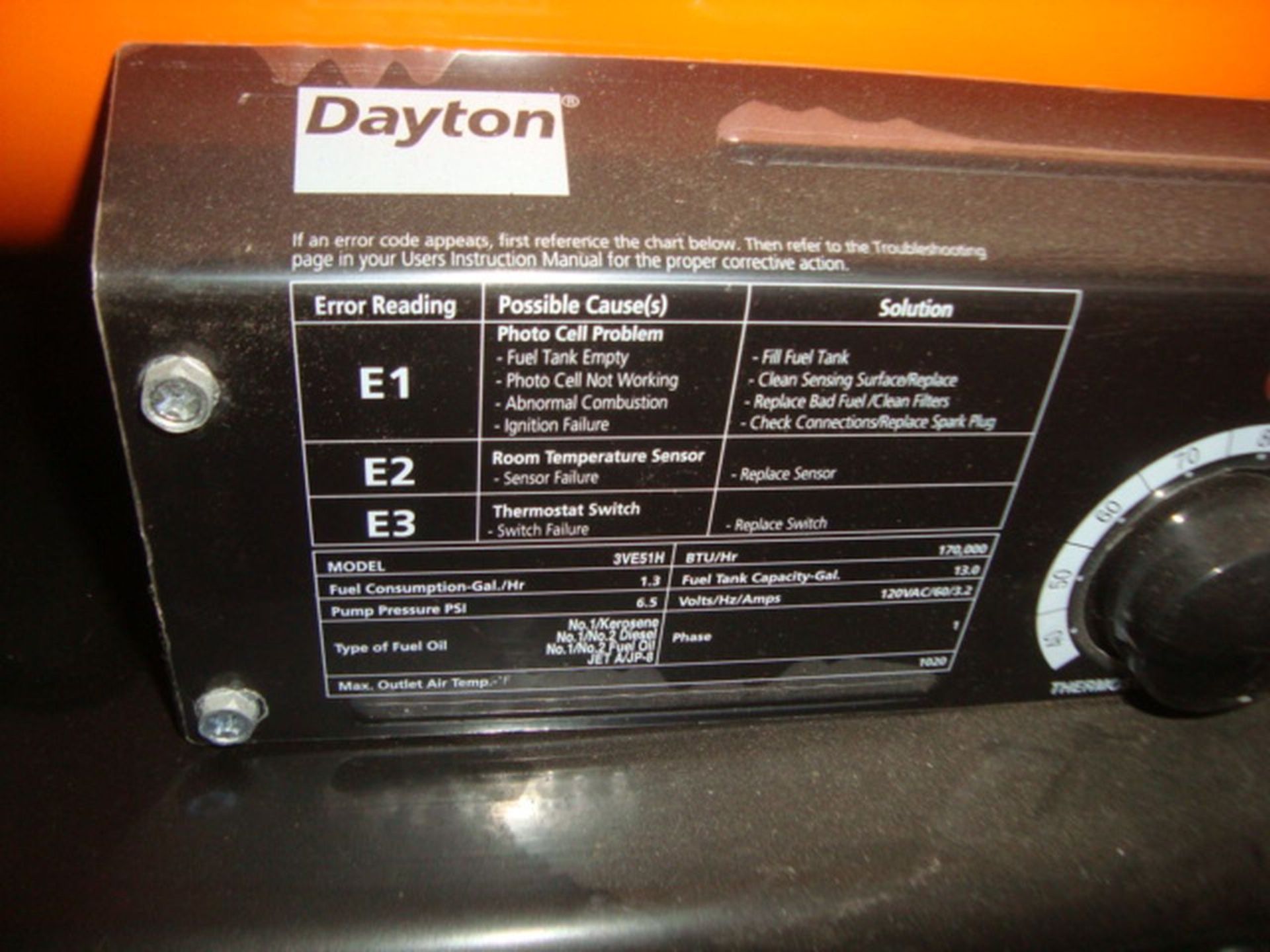 Dayton Model 3VE51 170,000 BTU Portable Kerosene Fired Heater., Max. Outlet Air Temp. 1020F. 120V, - Image 4 of 4