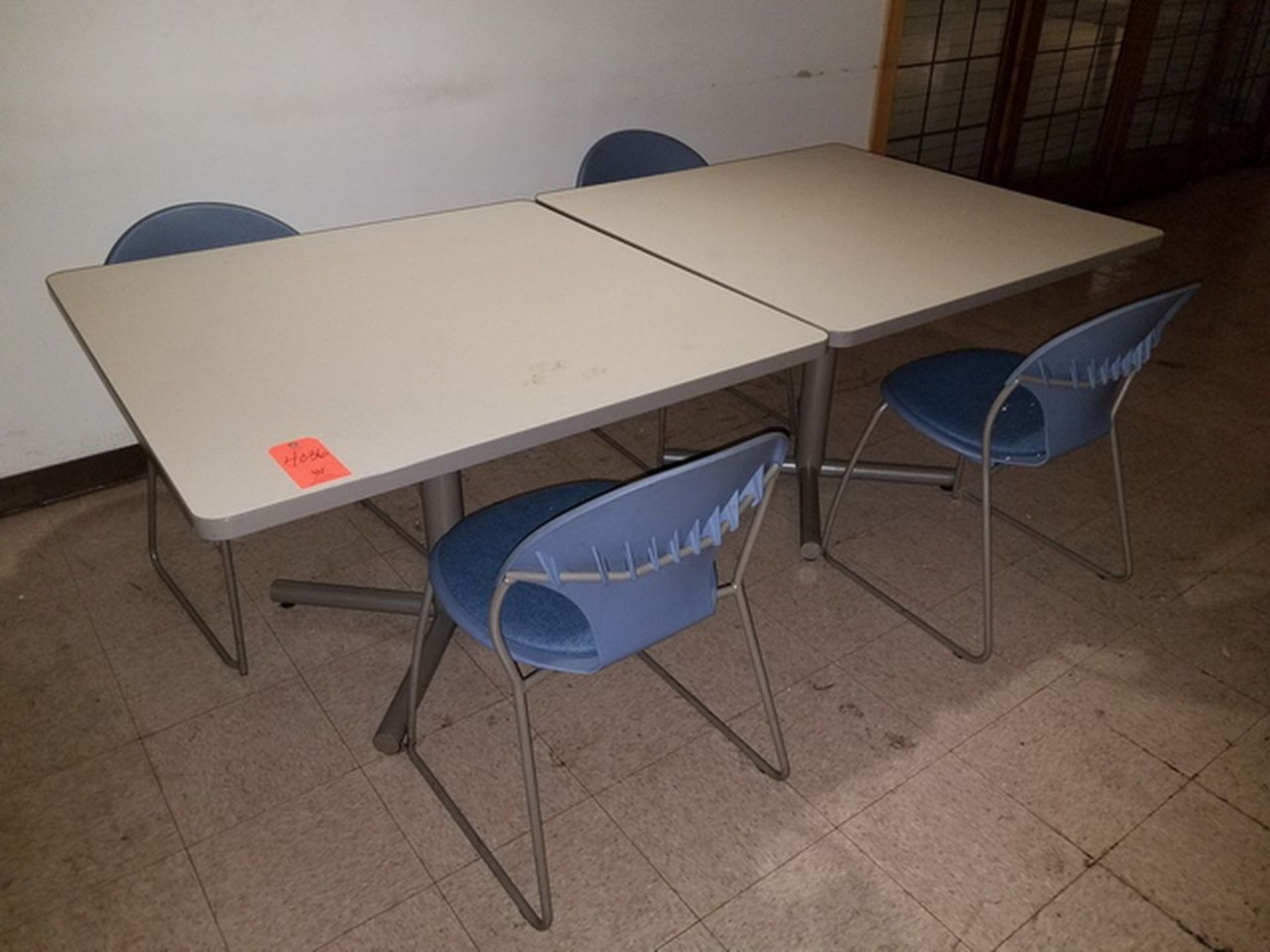 Lot of (2) Formica Top Cafeteria Tables, 42" x 42", includes 4 stacking chairs. Loc: Basement