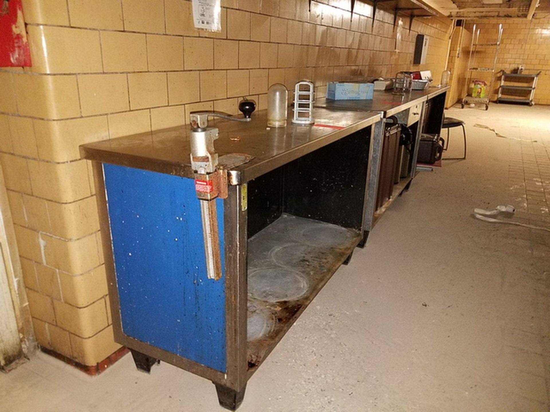 Lot of (3) Stainless Steel Food Preparation Tables, 24" x 60", includes contents. (Bsmt Cafeteria)
